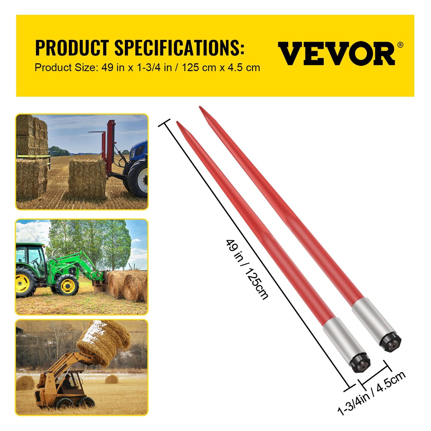 Pair Hay Spear 49" Bale Spear 3000 lbs Capacity, Bale Spear Quick Attach Square Hay Bale Spears 1 3/4", Red Coated Bale Forks, Bale Hay Spike with Hex Nut & Socket for Buckets Tractors Loaders