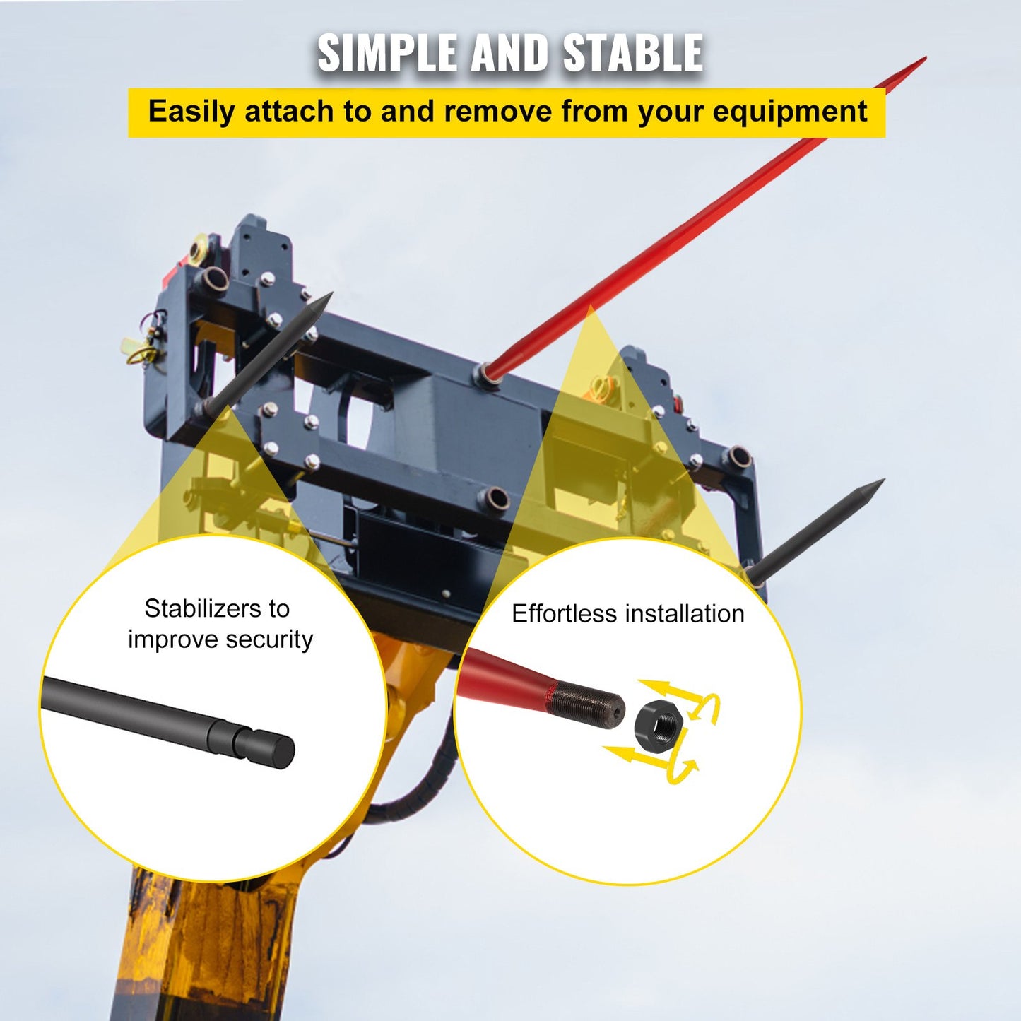 Hay Spear 49\" Balspjut 3000 lbs Kapacitet, Balspets Snabbfäste Fyrkantiga Hay Bale Spears 1 3/4\" Breda, rödbelagda balgafflar, Balhö Spike med 2 stabilisatorspjut Conus 2