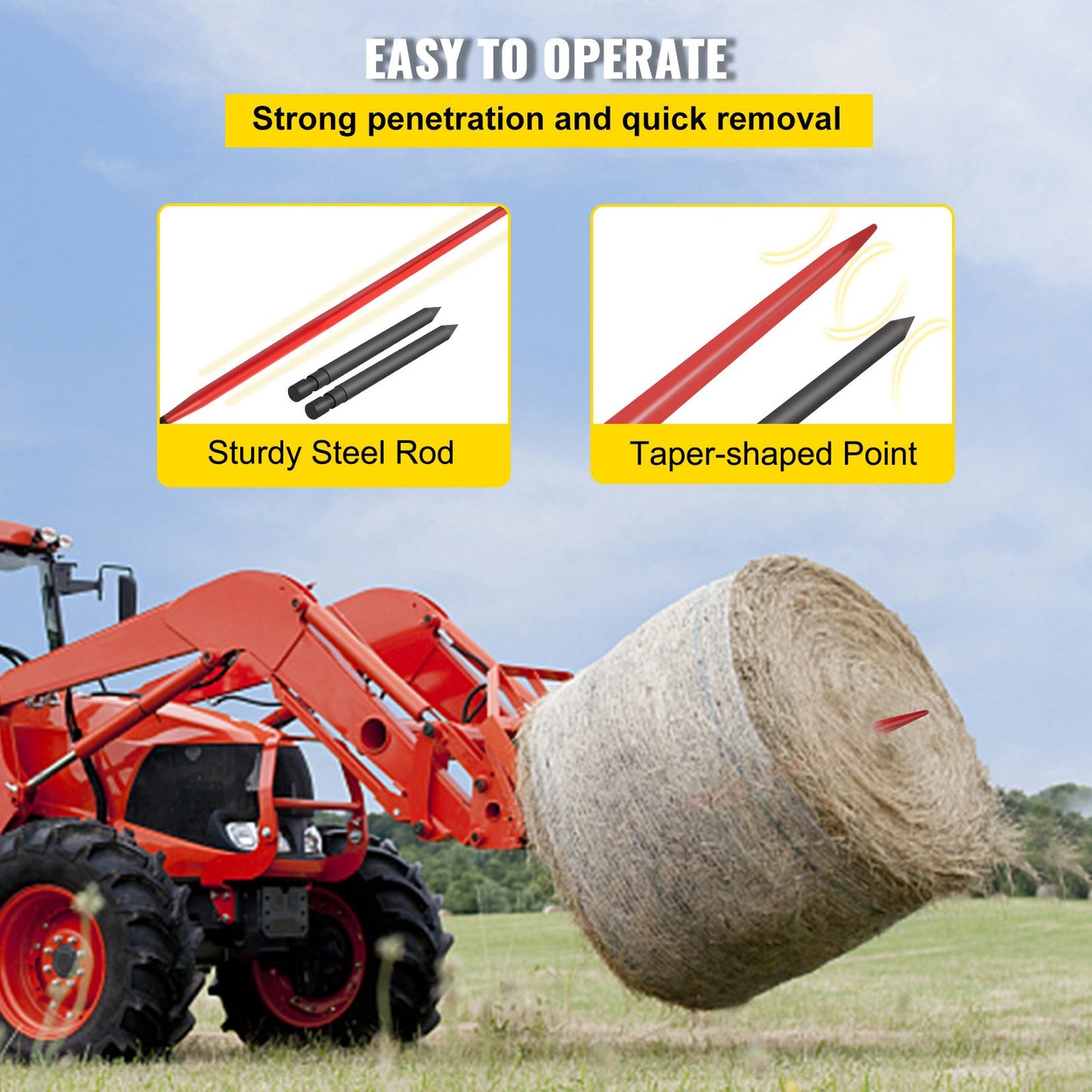 Hay Spear 49\" Balspjut 3000 lbs Kapacitet, Balspets Snabbfäste Fyrkantiga Hay Bale Spears 1 3/4\" Breda, rödbelagda balgafflar, Balhö Spike med 2 stabilisatorspjut Conus 2