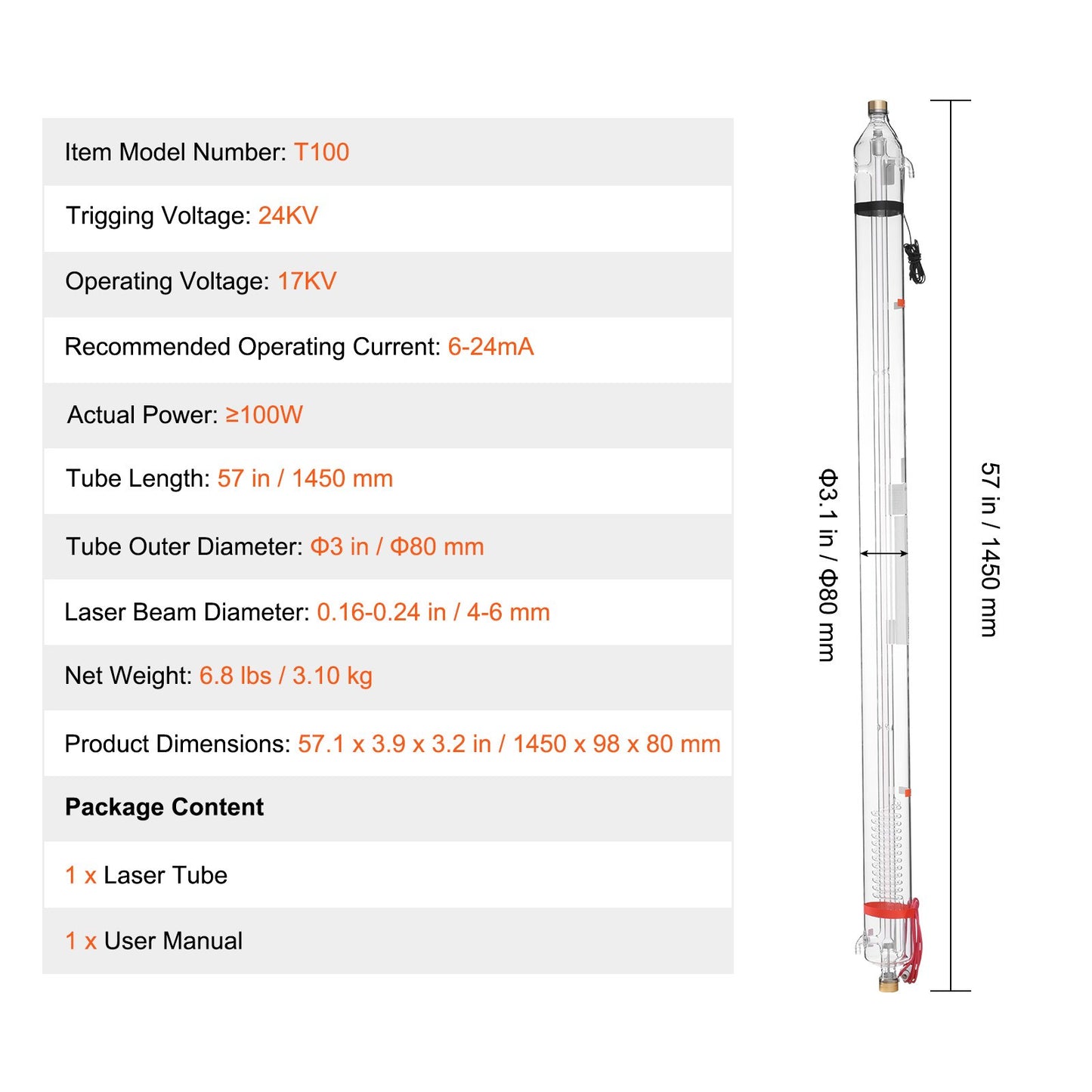 100W CO2 laserrör 57 tum / 1450 mm borosilikatglas laserskärrör