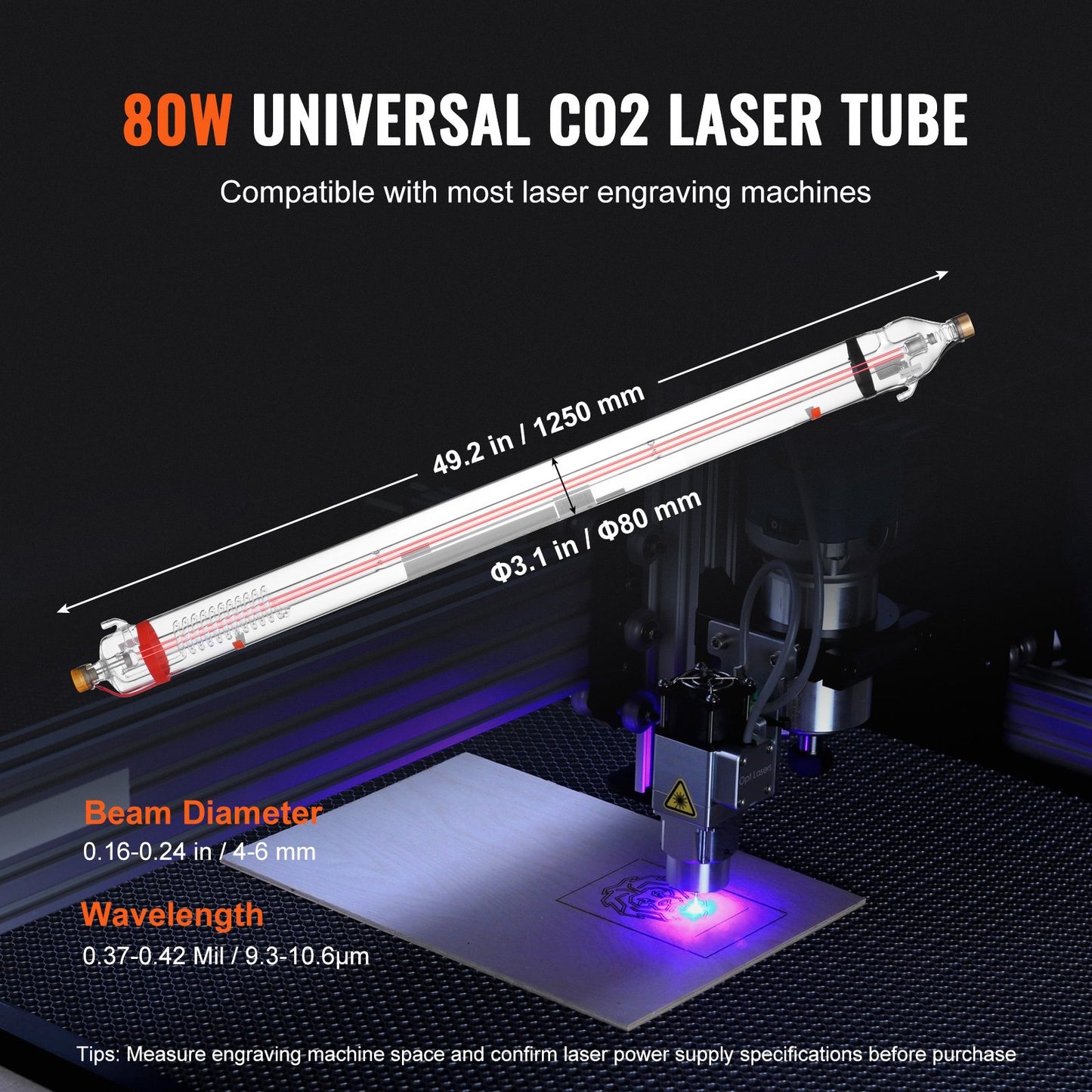 90W CO2 laserrör 49,2 tum / 1250 mm borosilikatglas laserskärrör