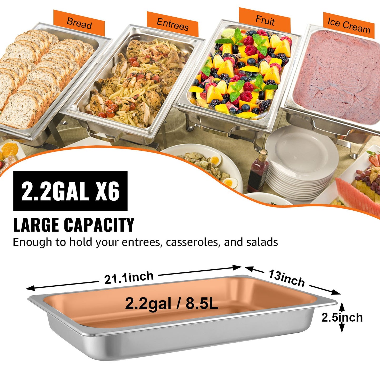 6er-Pack Dampfgarer-Pfannen 20,9 x 12,8 x 2,6 Zoll Tiefe Dampfgarer-Pfanne Volle Größe 8,5 L Edelstahl Tiefer Lebensmittelbehälter Ofenblech Hotel-Pfannen Anti-Stau Dampfgarer-Lebensmittel-Pfanne