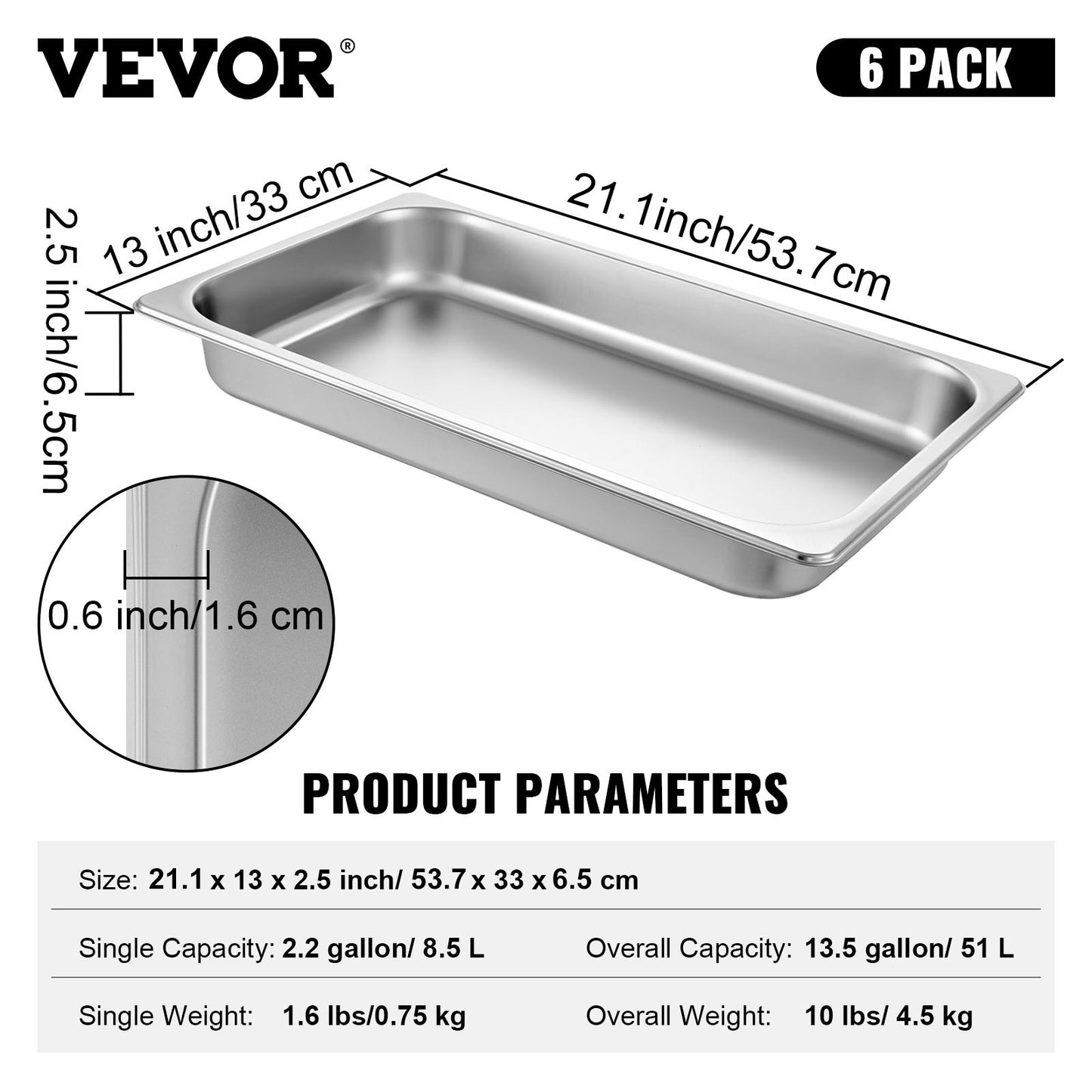 6er-Pack Dampfgarer-Pfannen 20,9 x 12,8 x 2,6 Zoll Tiefe Dampfgarer-Pfanne Volle Größe 8,5 L Edelstahl Tiefer Lebensmittelbehälter Ofenblech Hotel-Pfannen Anti-Stau Dampfgarer-Lebensmittel-Pfanne