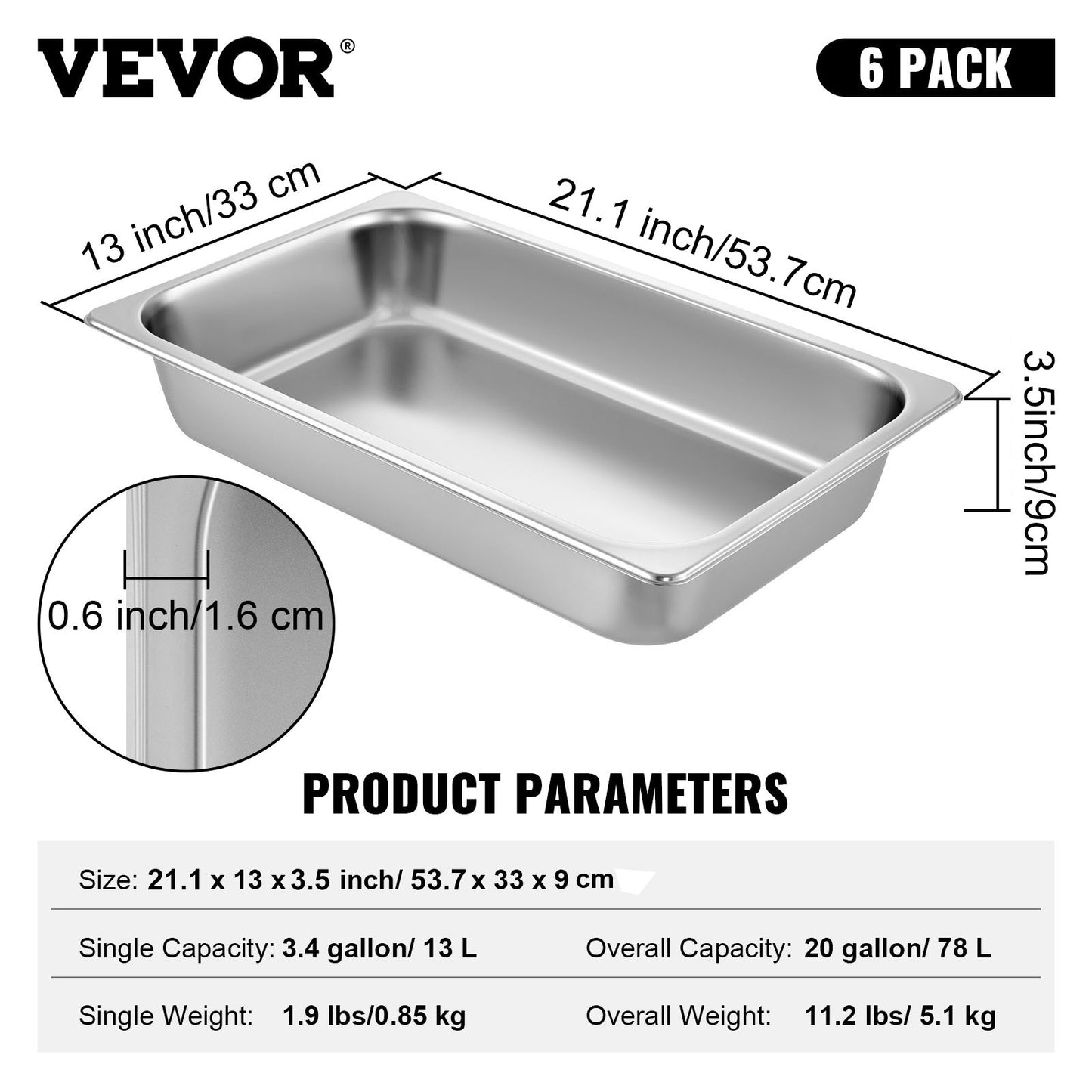 6-pack ångbordskärl 20,9 x 12,8 x 3,9 tum Djup ångbordspanna Full storlek 13L Djupmatbehållare i rostfritt stål Ugnsbricka Hotellpannor Anti-jam ångbordsmatpanna