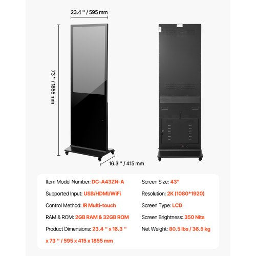 43" Digital Signage Display Pekskärm 2K UHD LCD Golvstående Kiosk | EU