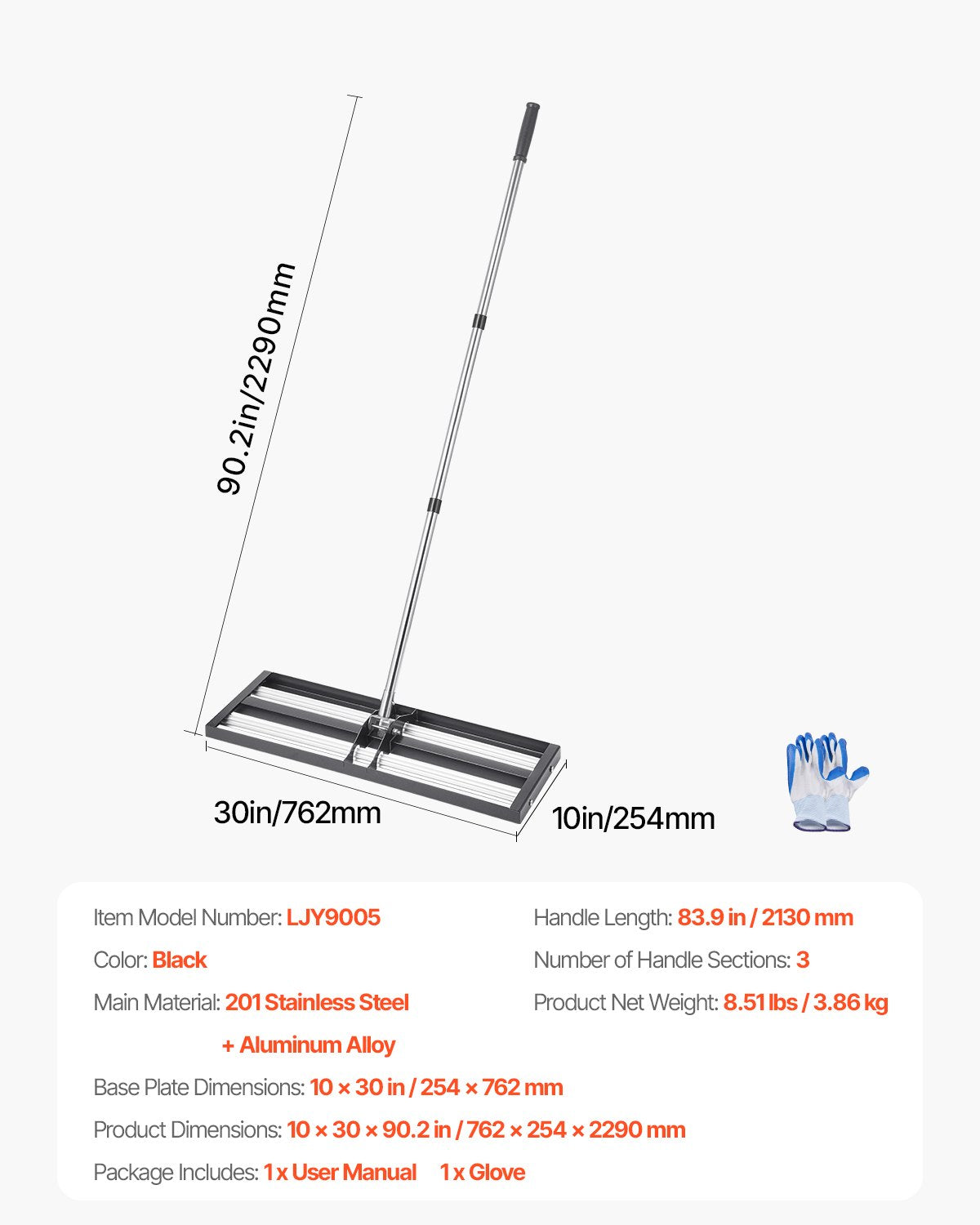 30 x 10 inch leveling chute with 83.9 inch adjustable handle for garden lawn