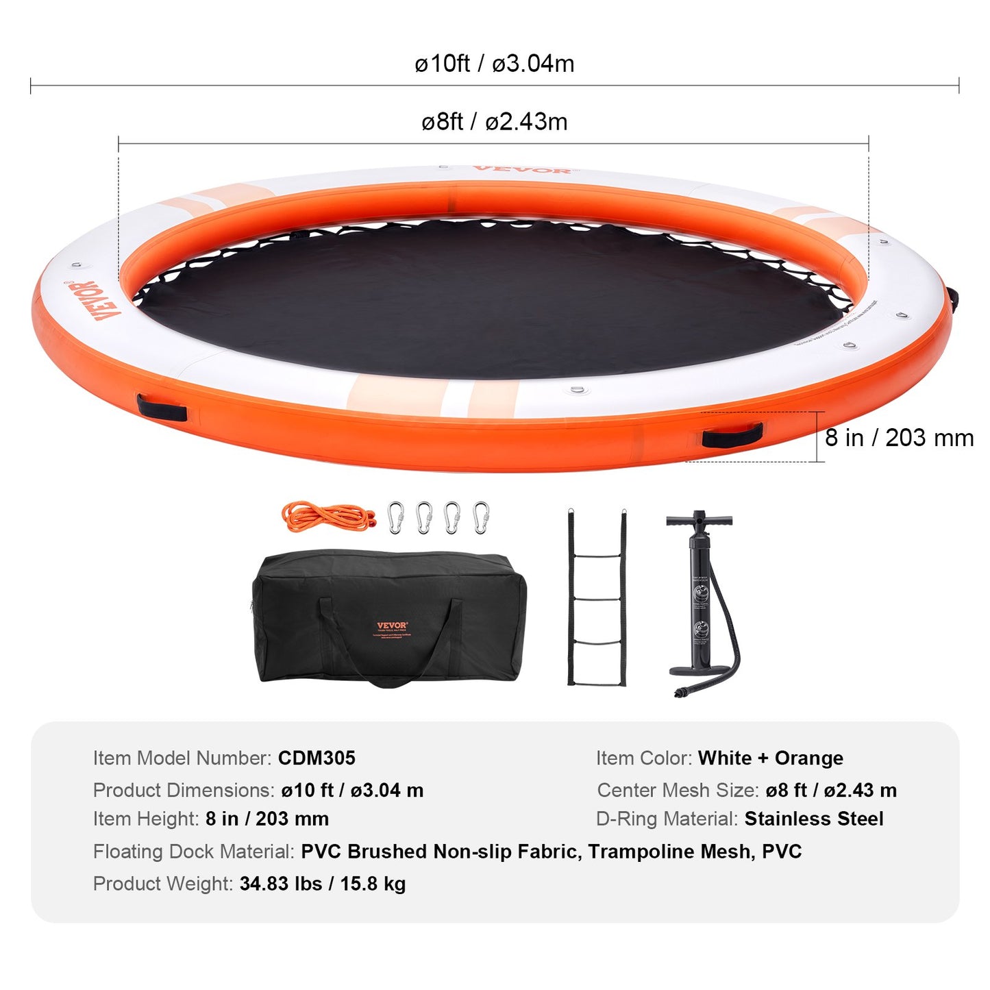 Uppblåsbar flytbrygga, ø10FT Uppblåsbar hamnplattform med ø8FT trampolinnätpool, halkfri flytande plattform Vattenmatta med bärbar väska och avtagbar stege för avkoppling vid poolen