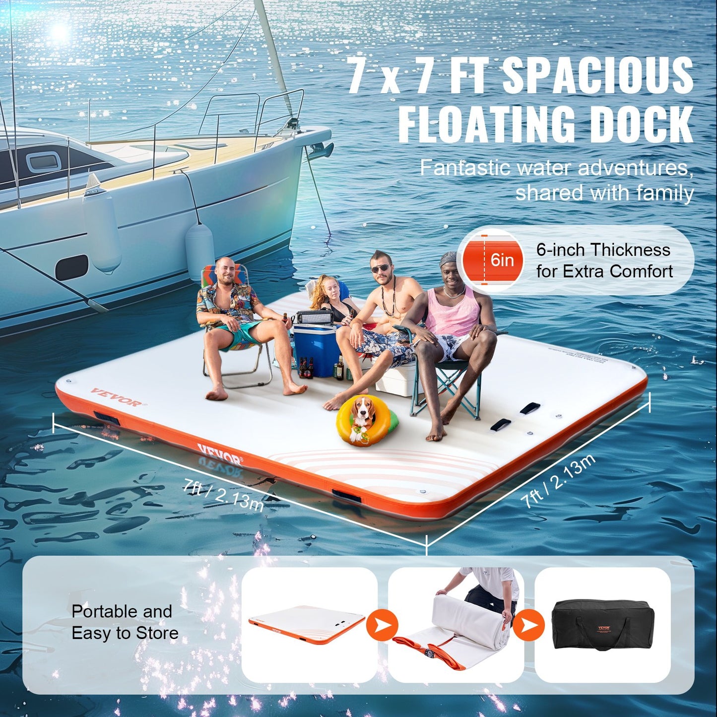 Inflatable Floating Dock, 7 x 7 FT Inflatable Docking Platform, Non-Slip Water Floating Dock Mat with Portable Carry Bag and Detachable Ladder, Floating Platform Island Raft for Pool Beach Ocean