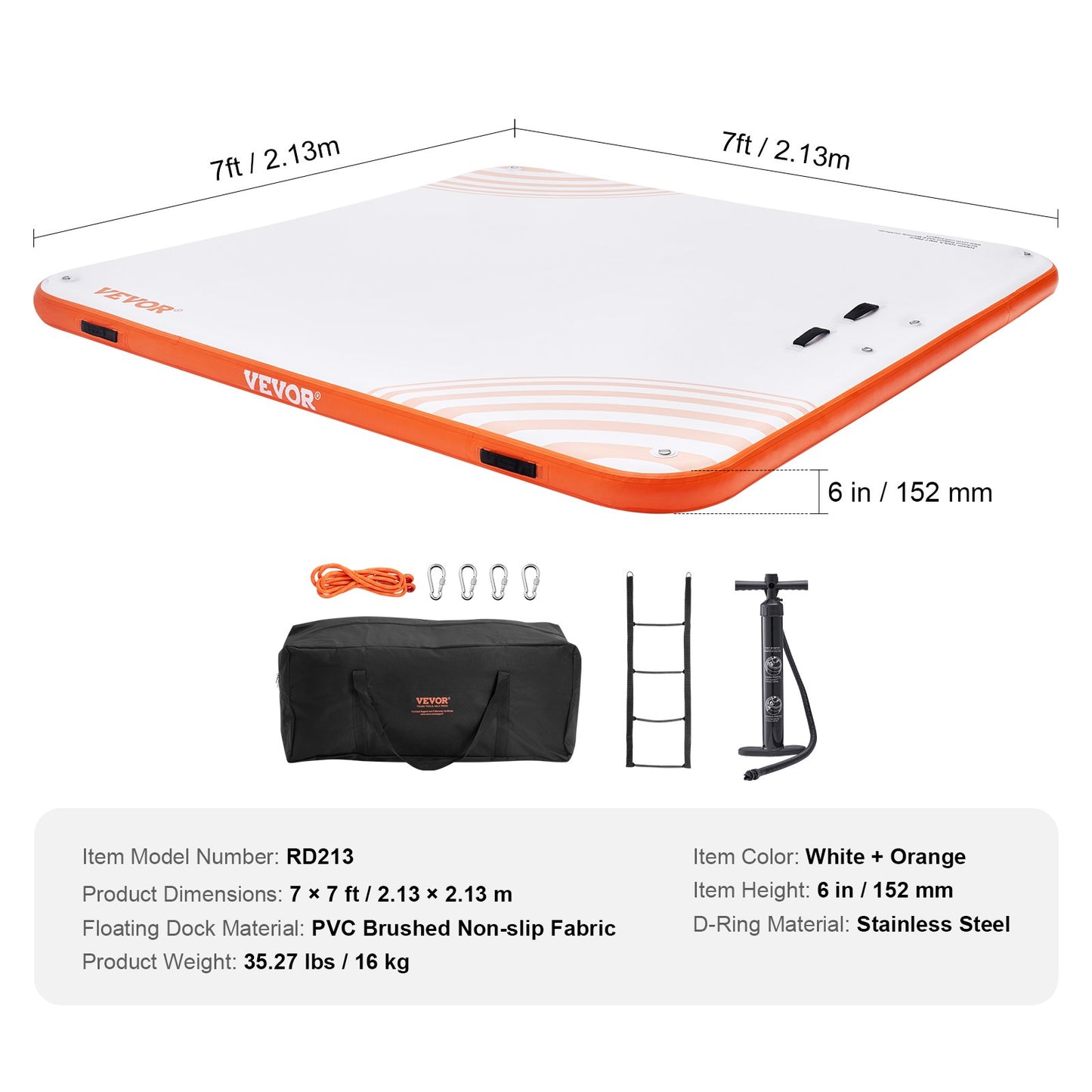 Inflatable Floating Dock, 7 x 7 FT Inflatable Docking Platform, Non-Slip Water Floating Dock Mat with Portable Carry Bag and Detachable Ladder, Floating Platform Island Raft for Pool Beach Ocean