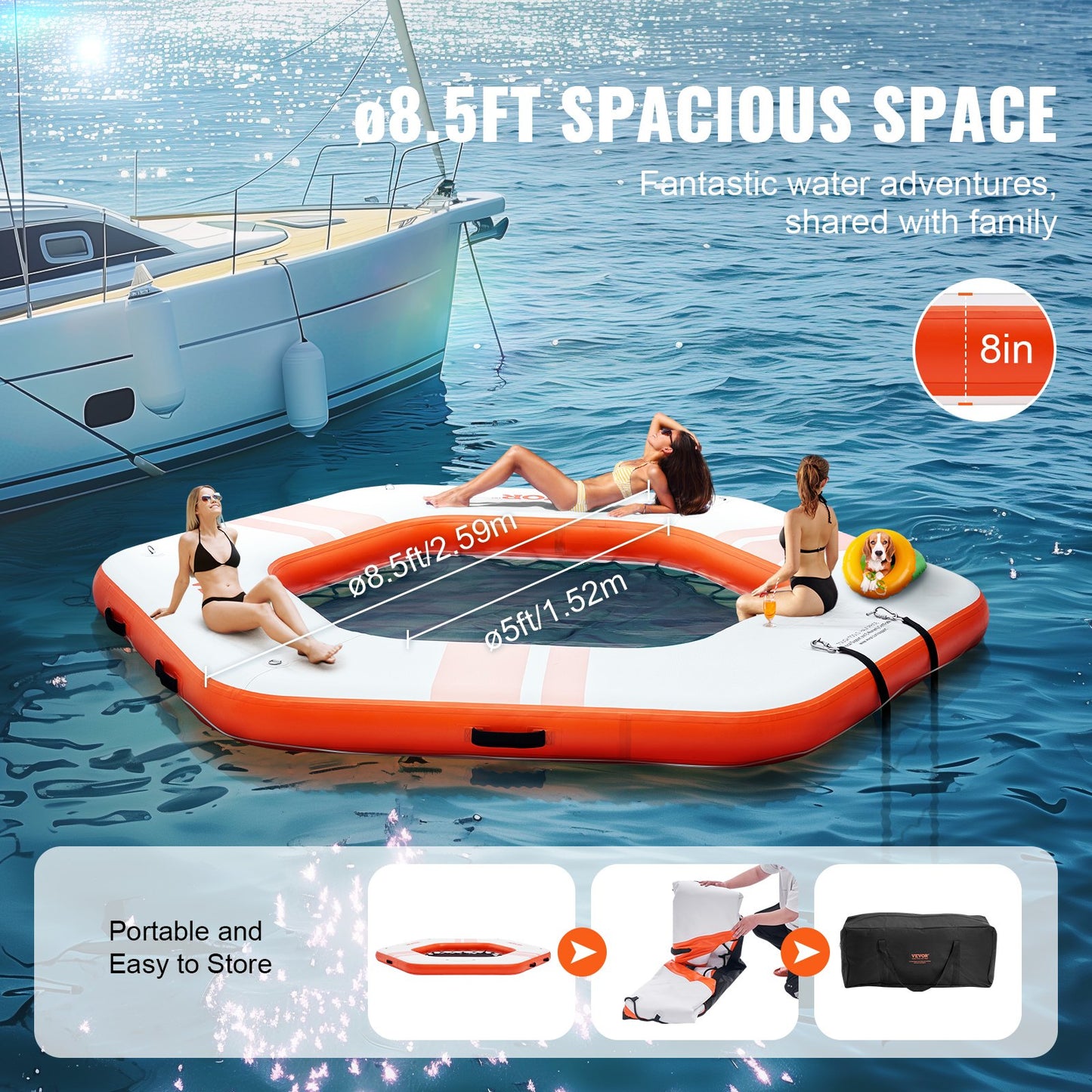 Inflatable Floating Dock, ø8.5FT Inflatable Dock Platform with ø5FT Trampoline Net Pool, Non-Slip Floating Platform Water Mat with Portable Bag and Removable Ladder for Poolside Relaxation