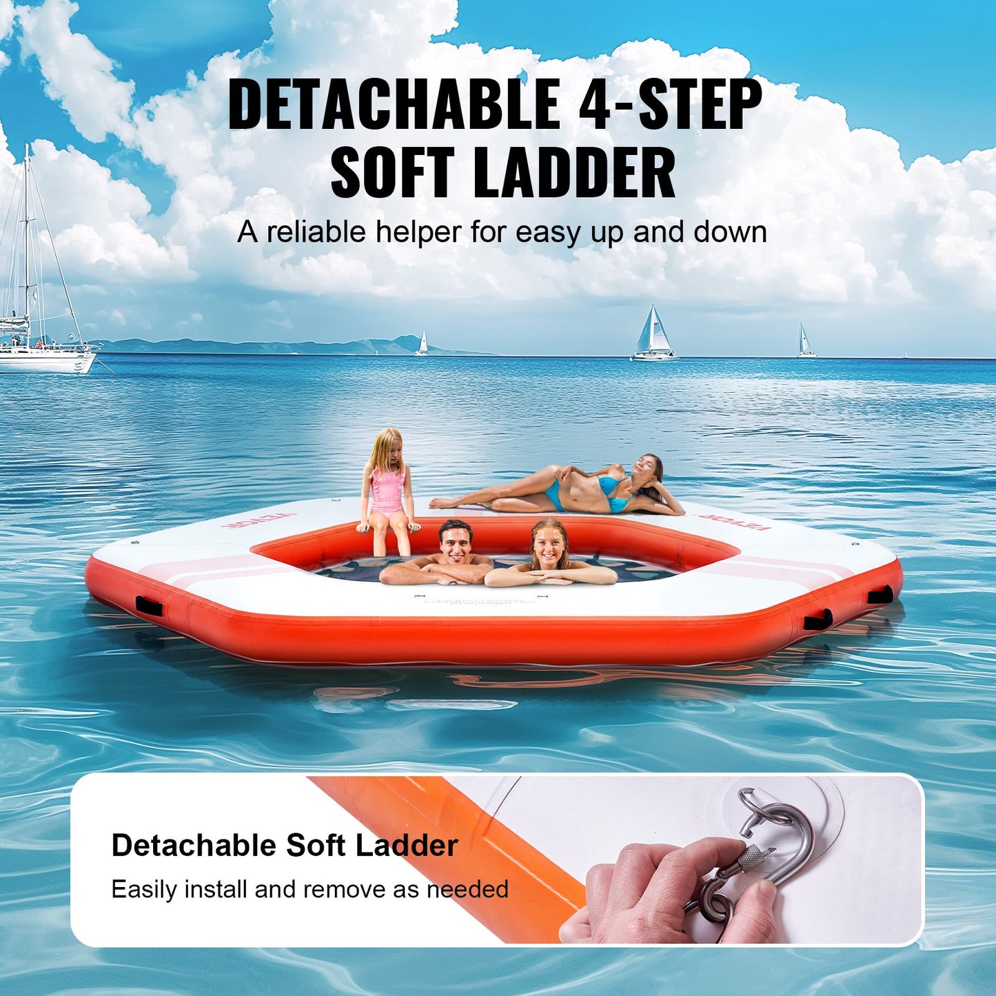 Inflatable Floating Dock, ø8.5FT Inflatable Dock Platform with ø5FT Trampoline Net Pool, Non-Slip Floating Platform Water Mat with Portable Bag and Removable Ladder for Poolside Relaxation