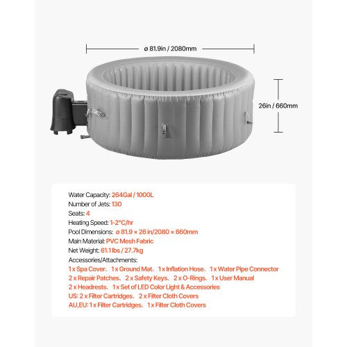 Uppblåsbar Bubbelpool 4 till 6 Personer Kapacitet 2080x660mm Bärbar Utomhusspa
