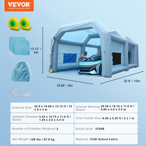 Uppblåsbar Spraybås Billack Tält 33x20x13ft Filter System 2 Blåsare | EU