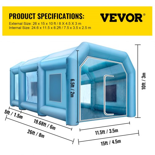Uppblåsbart Tält 26x15x10Ft Uppblåsbart Spraybås Tält Uppblåsbart Paint Booth Tält Billack Booth Giant Workstation 210D Oxford Tyg med 2 blåsare | EU
