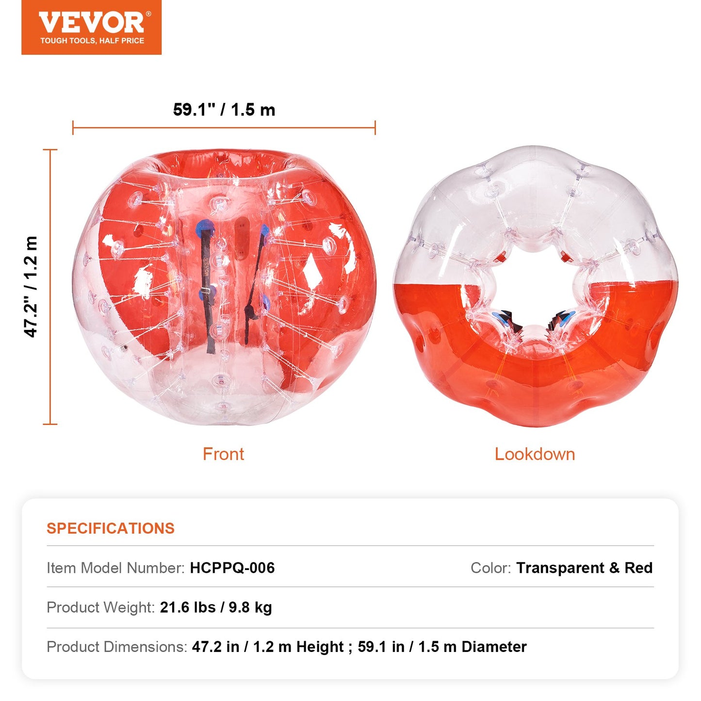 Inflatable Bumper Ball 1 Pack, 5FT/1.5M Body Sumo Zorb Balls for Teens and Adults, 0.8mm Thick PVC Bubble Balls for Human Hamster for Outdoor Team Play, Bumper Bopper Toys for Yard, Garden, Park