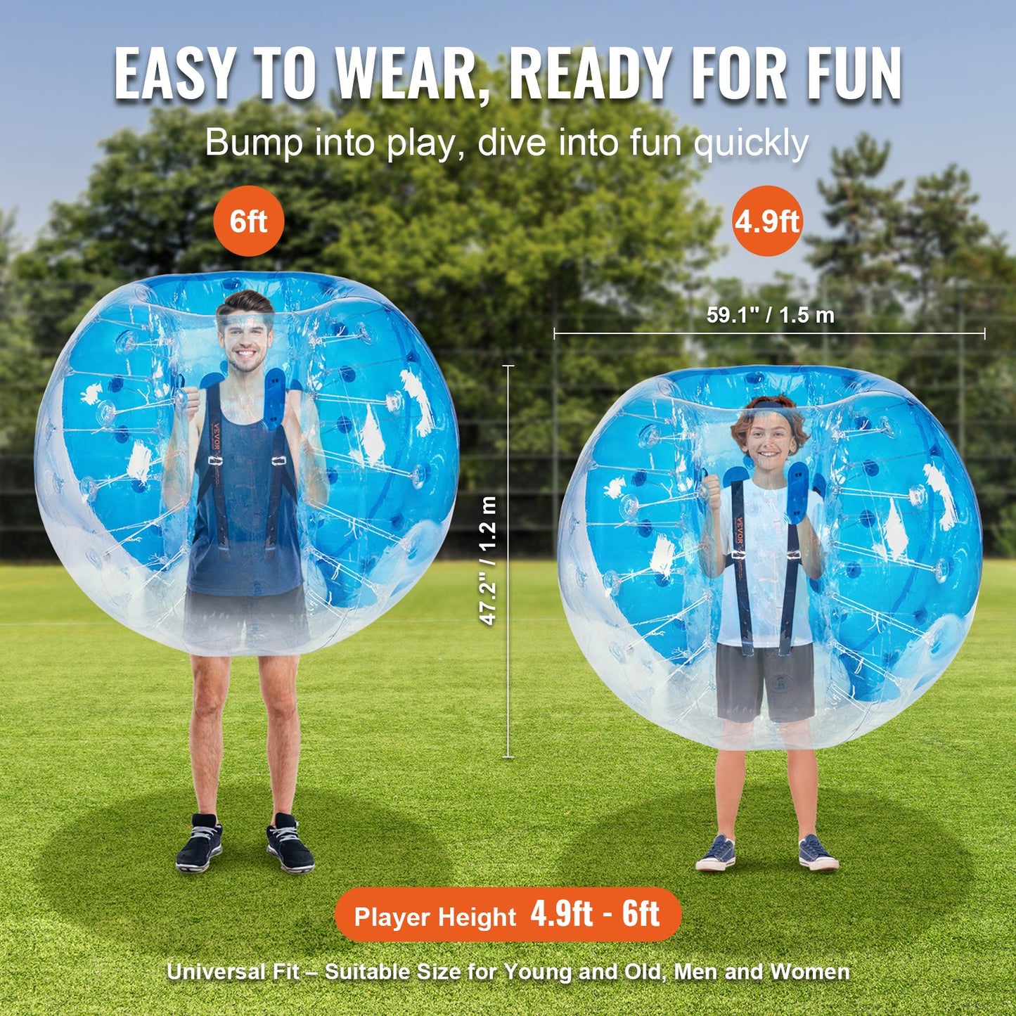Uppblåsbar Bumper Ball 1-pack, 5FT/1,5 M Body Sumo Zorb Balls för tonåringar och vuxna, 0,8 mm tjocka PVC-bubblebollar för mänsklig hamster för utomhusspel för lagspel, Bumper Bopper-leksaker för trädgård, trädgård, park