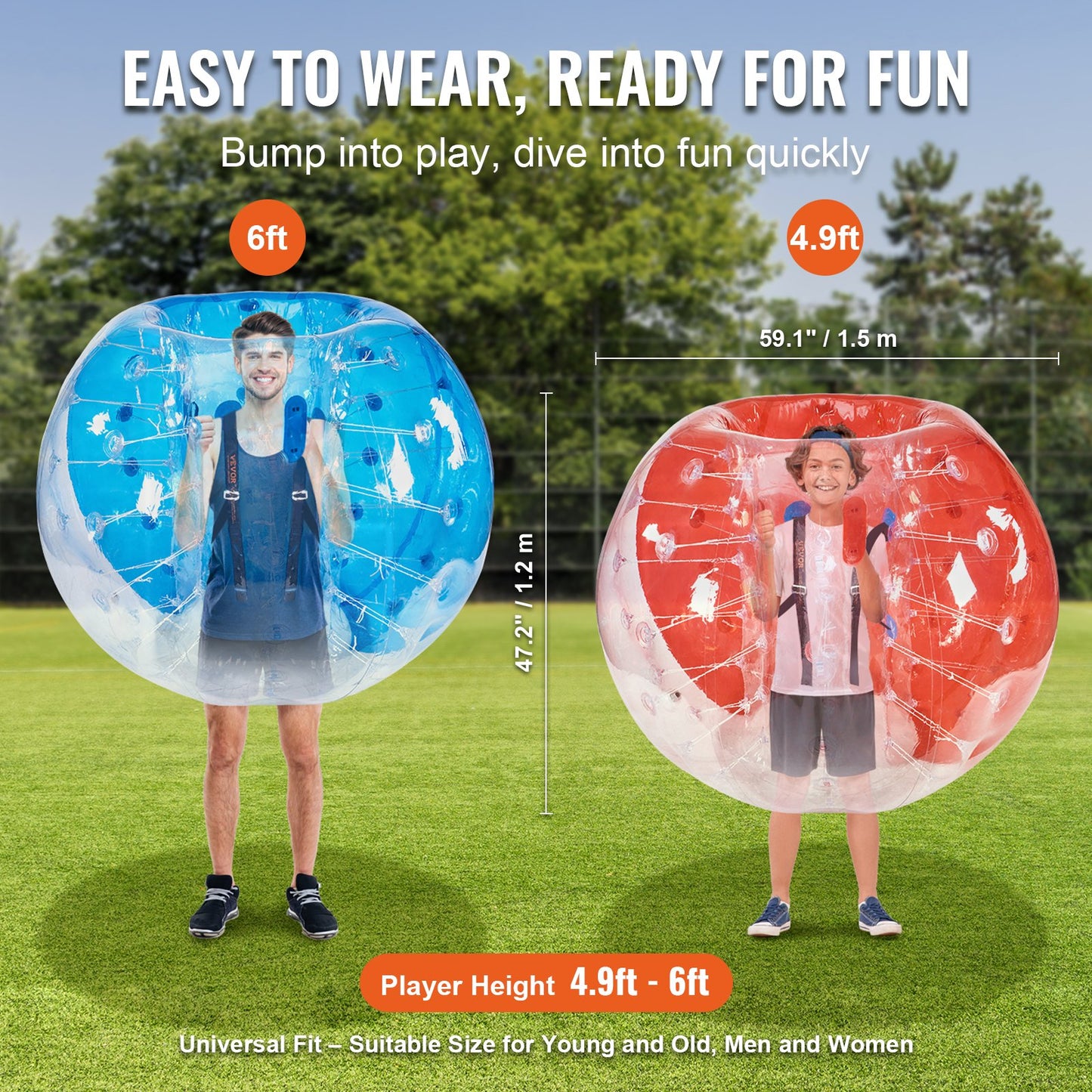 Uppblåsbara Bumper Balls 2-pack, 5FT/1,5M Body Sumo Zorb Balls för tonåringar och vuxna, 0,8 mm tjocka PVC Human Hamster Bubble Balls för utomhusspel i lagspel, Bumper Bopper Leksaker för trädgård, trädgård, park