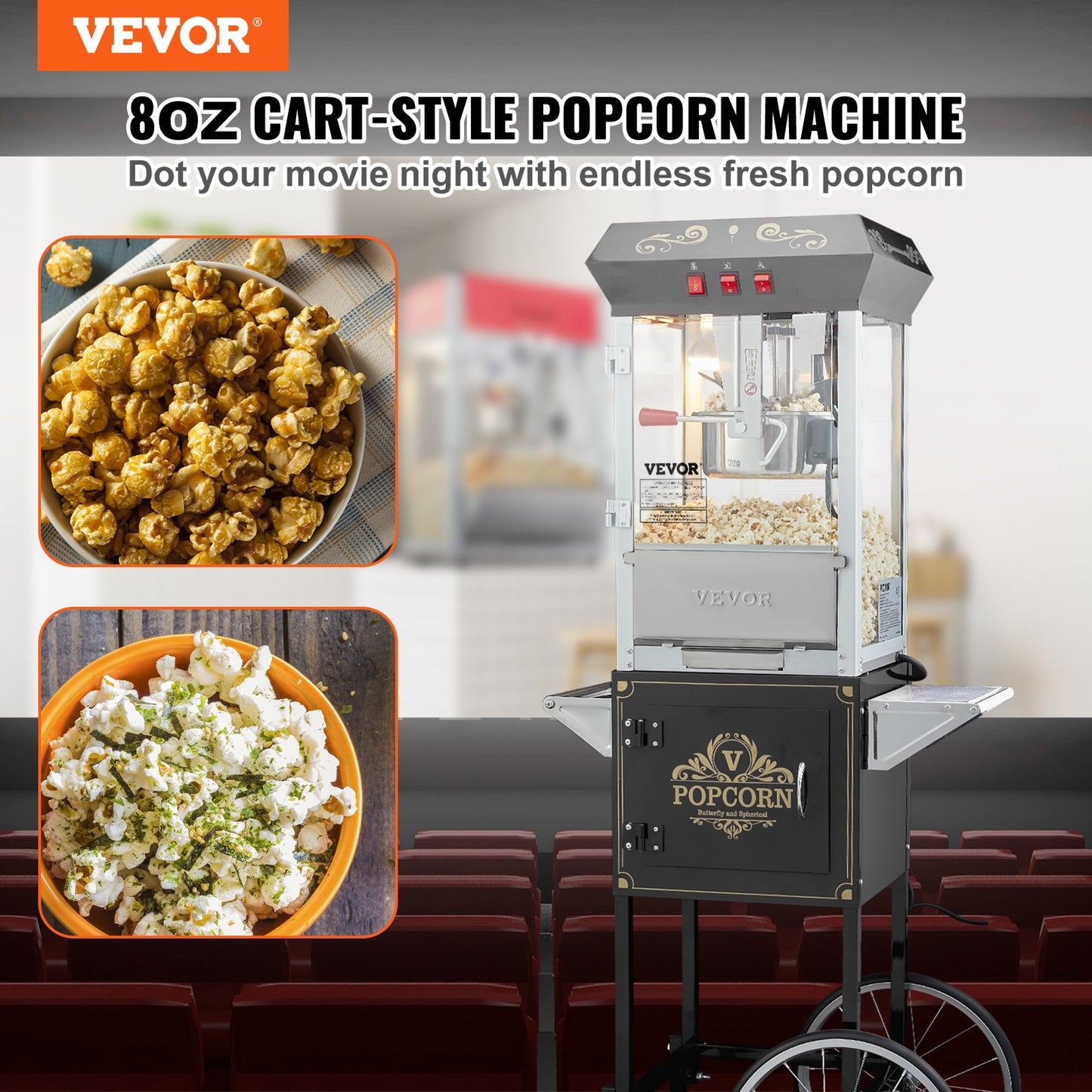 Popcorn Popper Machine with Cart Popcorn Maker 850W 8 Oz 48 Cups Black