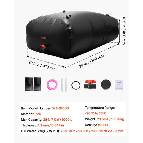 Vattenlagringsblåsa, 1000L Vattenlagringsbehållare, 1000D PVC Storkapacitet Mjuk Påse Blåsa, Hopfällbar Bärbar För Trädgårdsbevattning, Camping, Husbil, Nödanvändning - Svart | EU