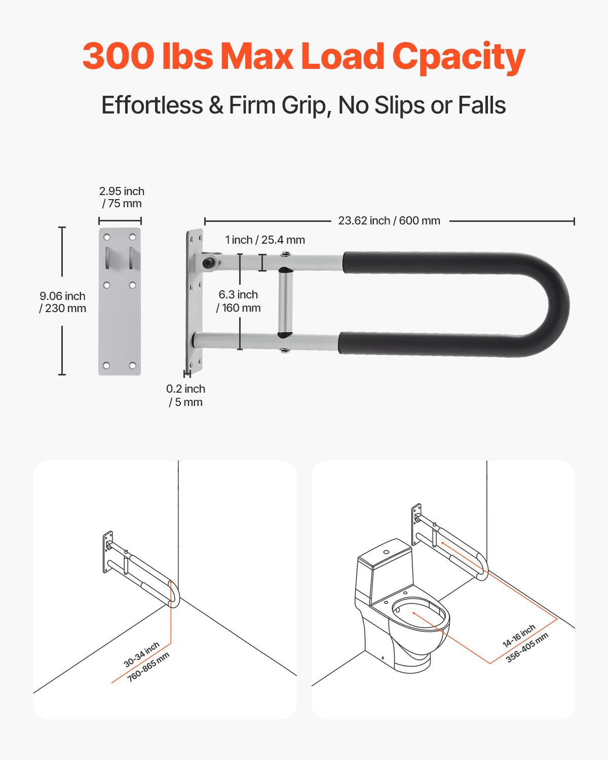 Folding Toilet Safety Rail 23.8 In 300 Lbs Load Capacity Handicap Handle