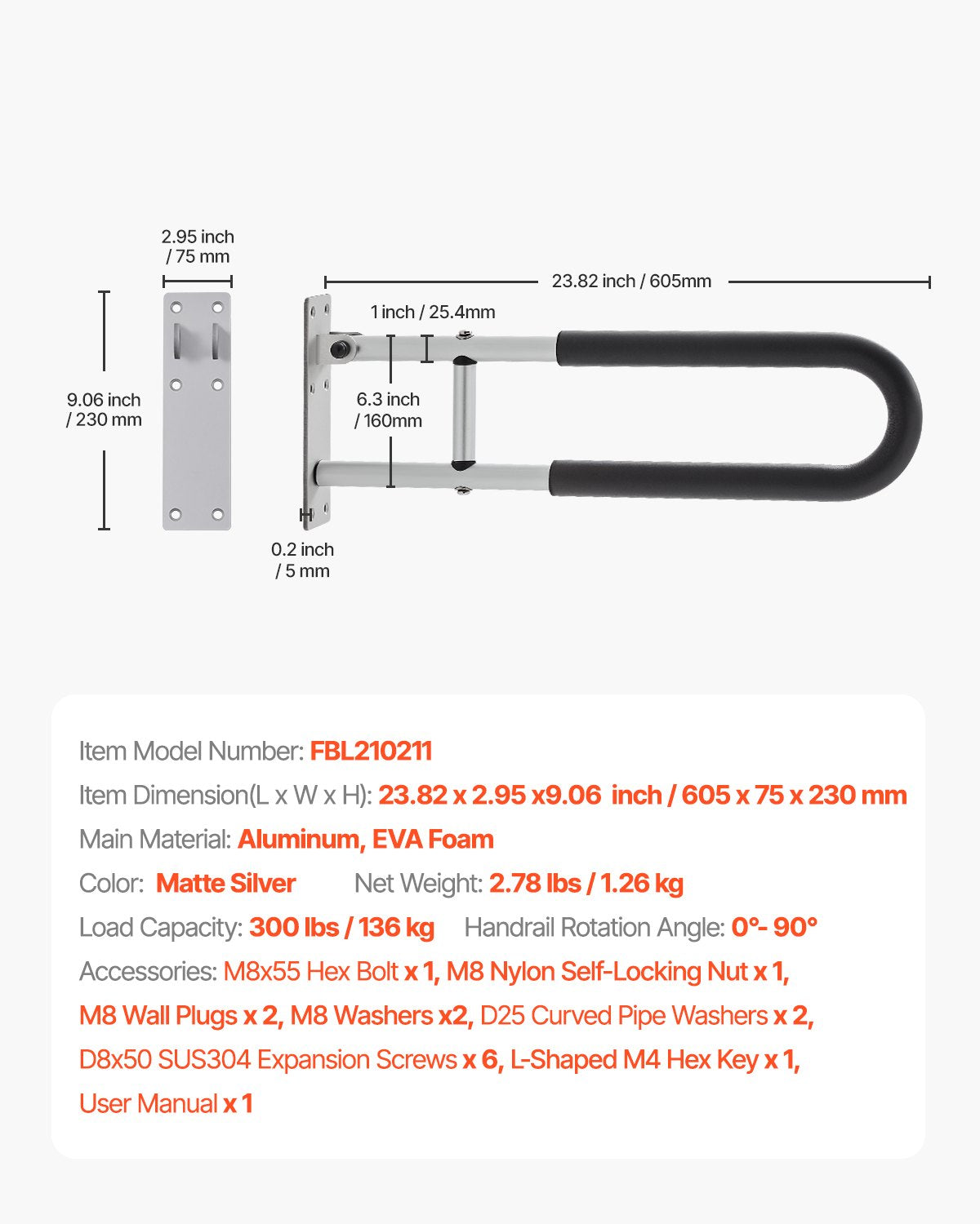 Folding Toilet Safety Rail 23.8 In 300 Lbs Load Capacity Handicap Handle