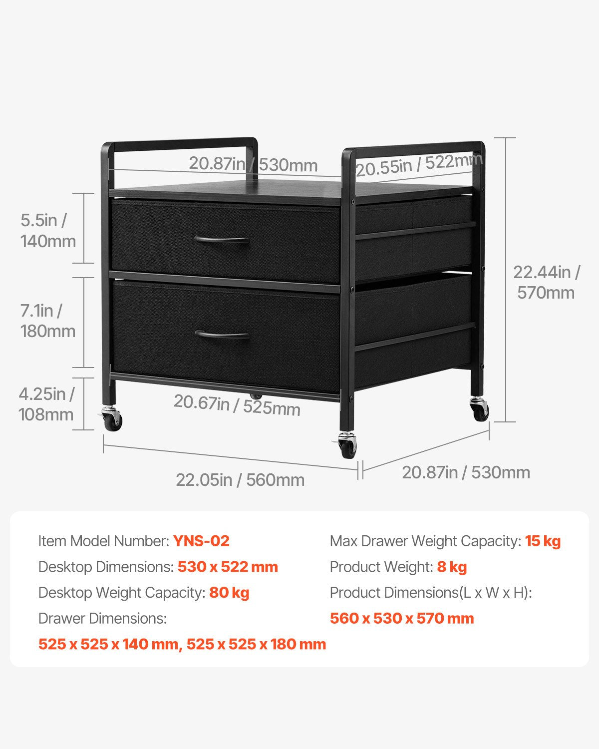Mini-Kühlschrankständer mit Stauraum, 80 kg, Schwarz, Mini-Kühlschranktisch, 2 Schubladen