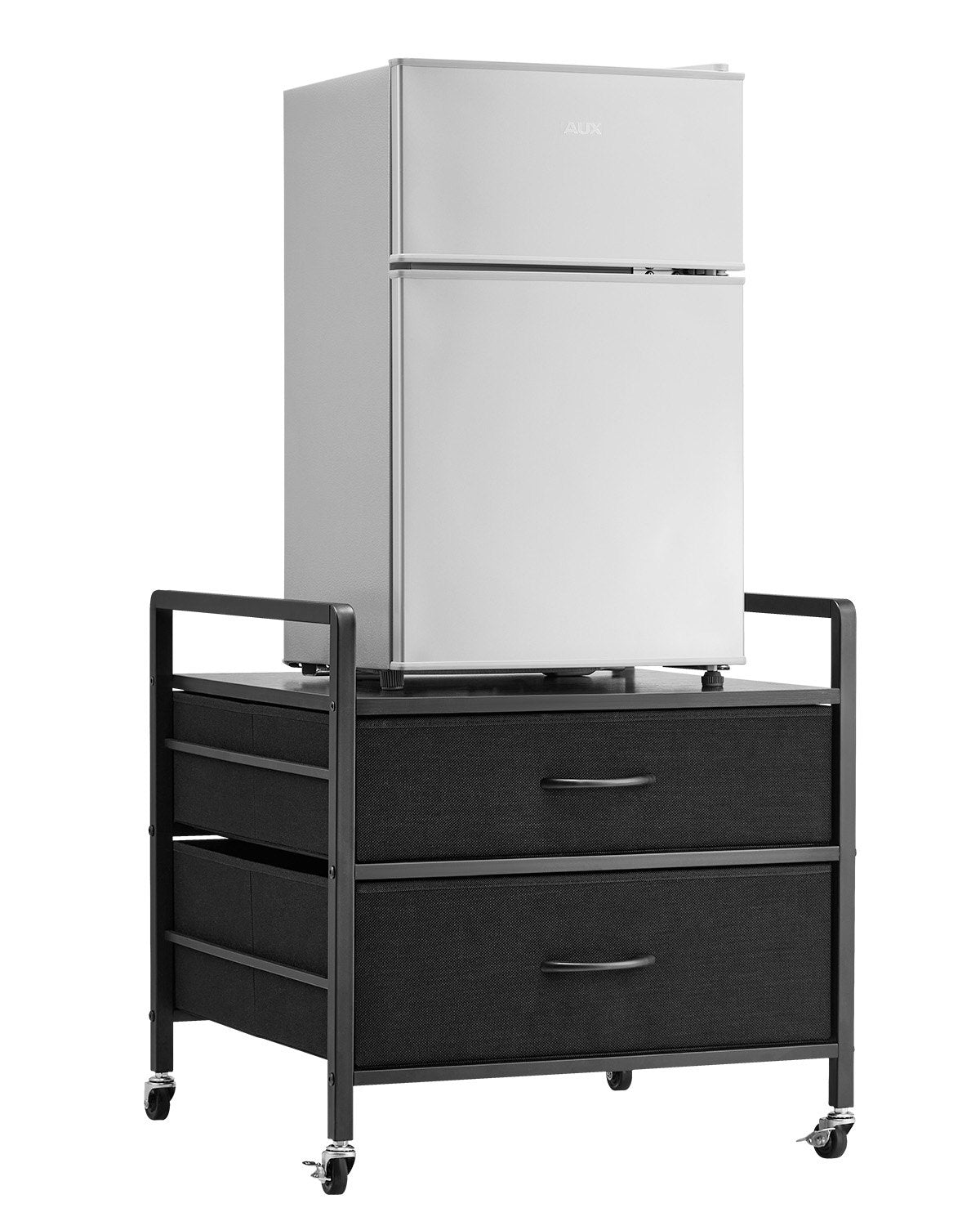 Mini-Kühlschrankständer mit Stauraum, 80 kg, Schwarz, Mini-Kühlschranktisch, 2 Schubladen