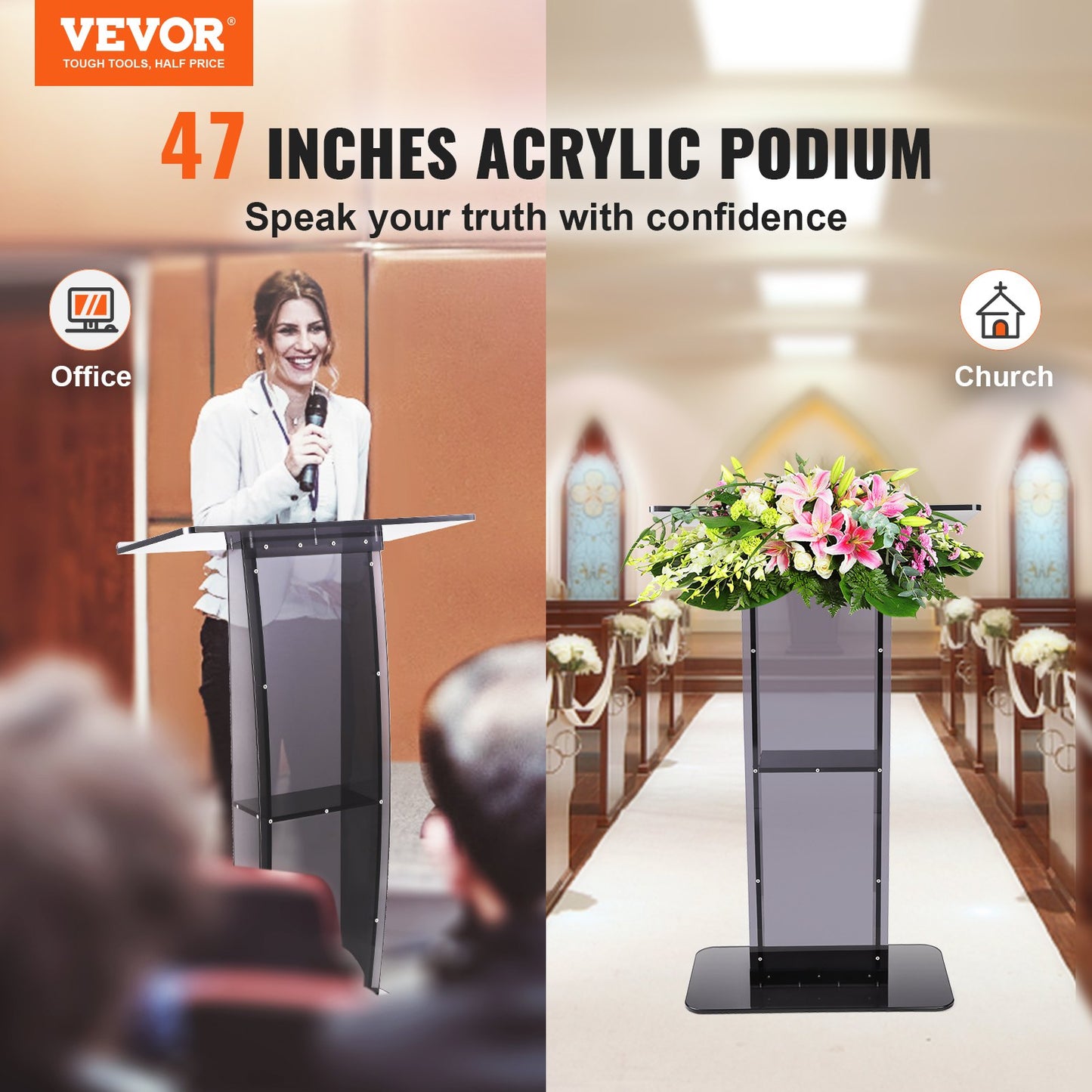Acrylic Podium, 47" High, Acrylic Podium Stand with Wide Reading Surface and Storage Shelf, Floor Standing Clear Pulpits Acrylic for Church Office School, Black