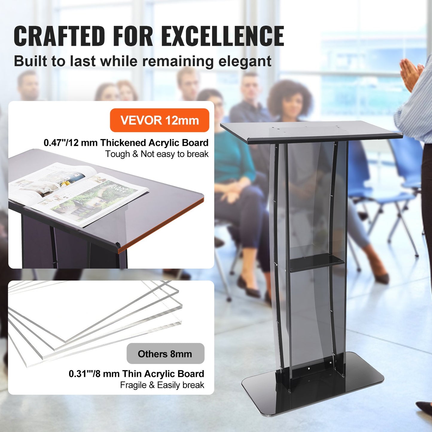 Acrylic Podium, 47" High, Acrylic Podium Stand with Wide Reading Surface and Storage Shelf, Floor Standing Clear Pulpits Acrylic for Church Office School, Black
