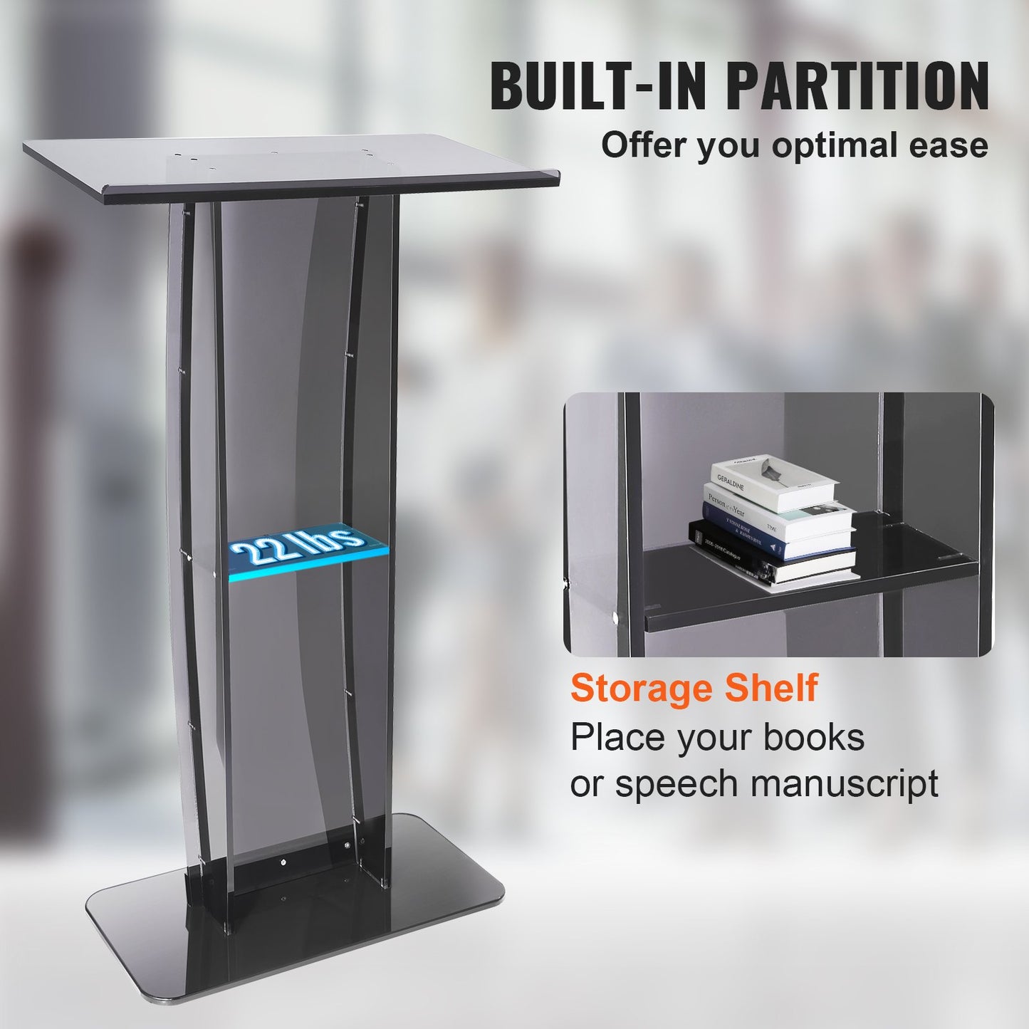 Acrylic Podium, 47" High, Acrylic Podium Stand with Wide Reading Surface and Storage Shelf, Floor Standing Clear Pulpits Acrylic for Church Office School, Black