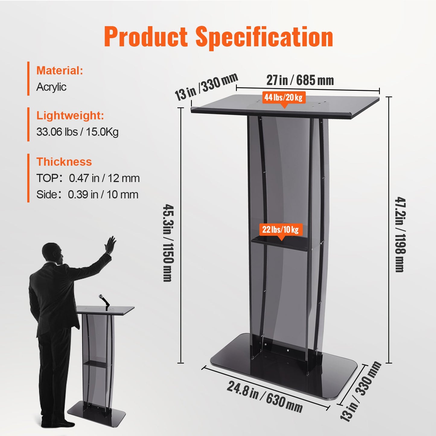 Acrylic Podium, 47" High, Acrylic Podium Stand with Wide Reading Surface and Storage Shelf, Floor Standing Clear Pulpits Acrylic for Church Office School, Black
