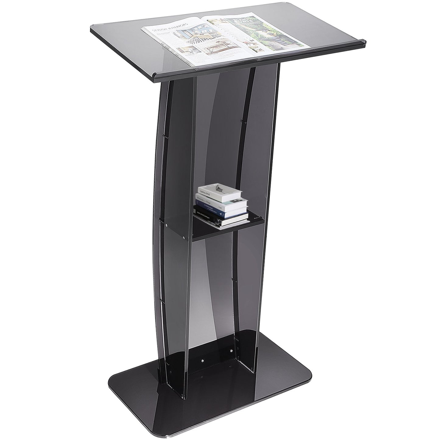 Acrylic Podium, 47" High, Acrylic Podium Stand with Wide Reading Surface and Storage Shelf, Floor Standing Clear Pulpits Acrylic for Church Office School, Black