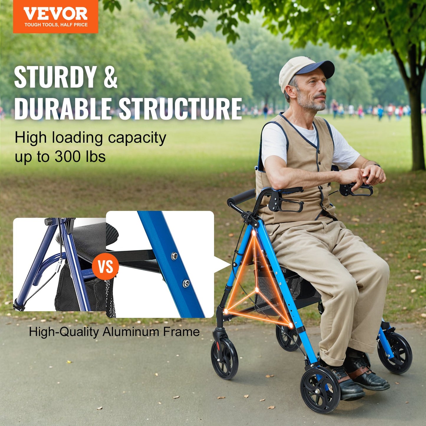 Rollator Walker for Seniors and Adults, Lightweight Folding Aluminum Wheelchair with Adjustable Seat and Handle, Rollator Rollator for Outdoor Use with 8" All-Terrain Wheels, 300 LBS Capacity