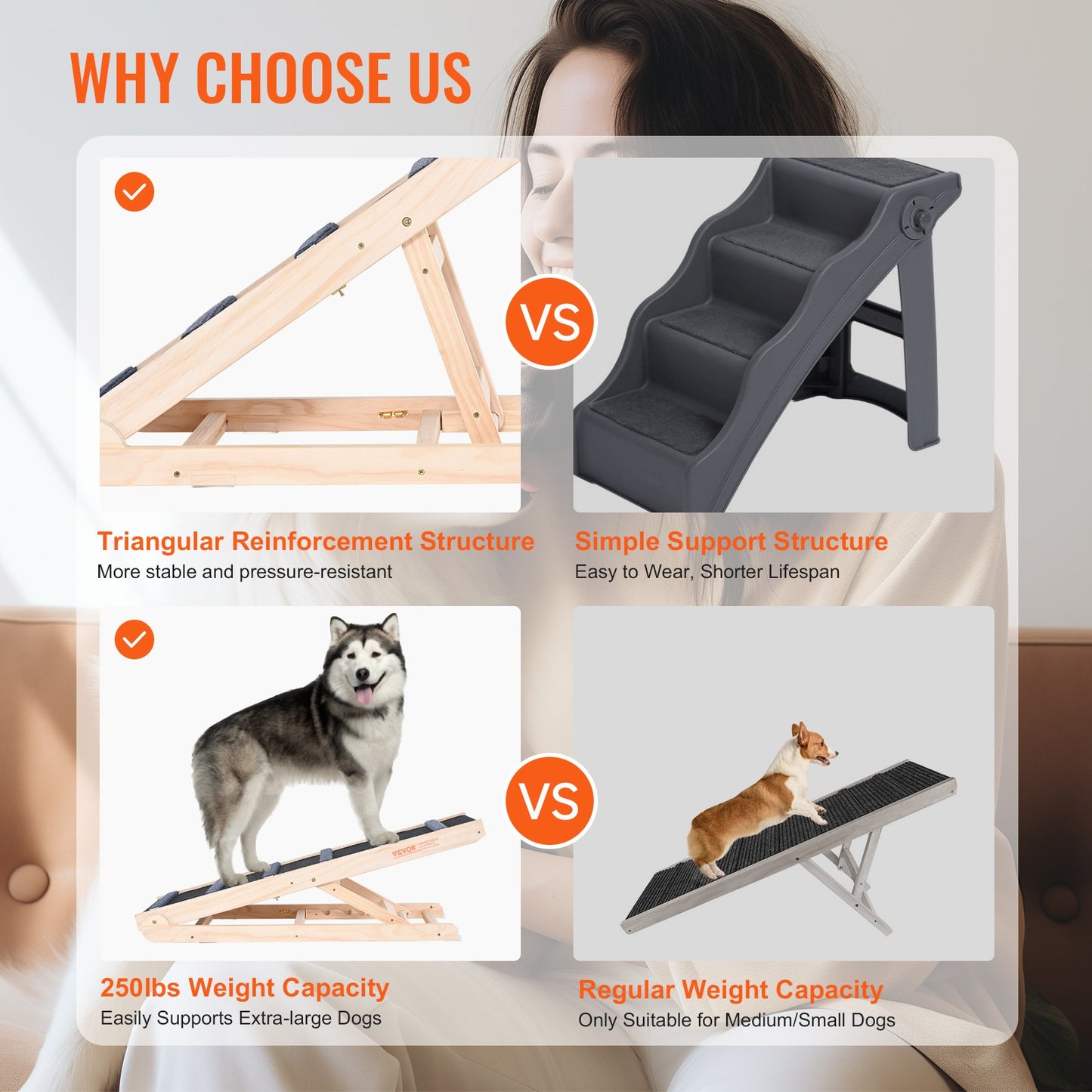 Dog Ramp, Foldable Pet Ramp for Bed, Adjustable Dog Ramp for Small, Large, Old Dogs and Cats, Wooden Pet Ramp with 41.3" Long Ramp, Adjustable from 13.77" to 25.59", Suitable for Sofa, Couch, Car