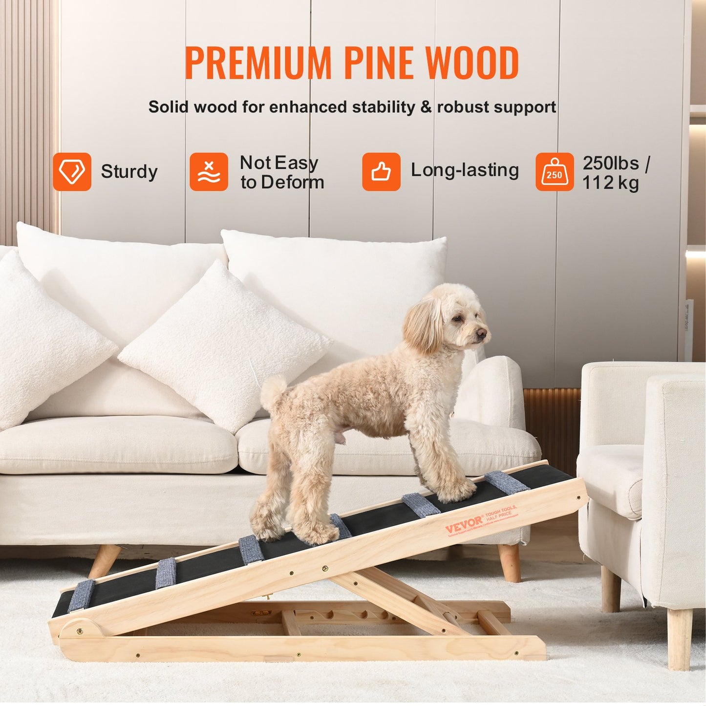 Dog Ramp, Foldable Pet Ramp for Bed, Adjustable Dog Ramp for Small, Large, Old Dogs and Cats, Wooden Pet Ramp with 41.3" Long Ramp, Adjustable from 13.77" to 25.59", Suitable for Sofa, Couch, Car