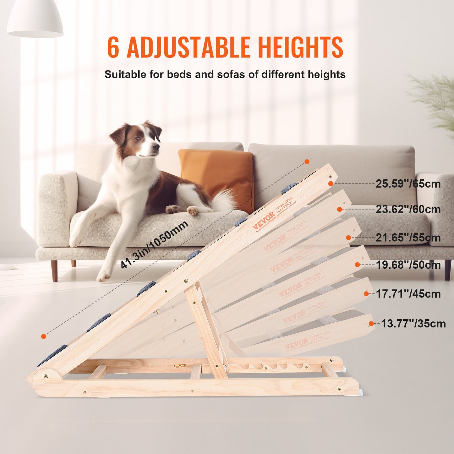Dog Ramp, Foldable Pet Ramp for Bed, Adjustable Dog Ramp for Small, Large, Old Dogs and Cats, Wooden Pet Ramp with 41.3" Long Ramp, Adjustable from 13.77" to 25.59", Suitable for Sofa, Couch, Car