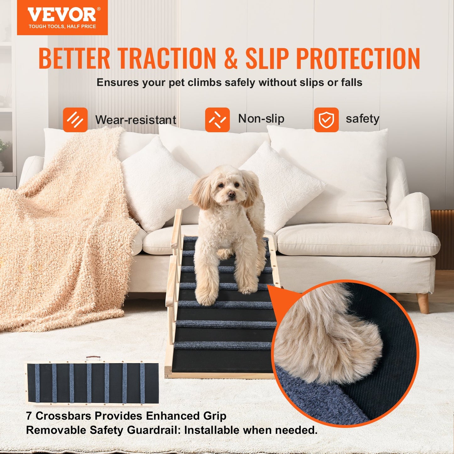 Dog Ramp, Foldable Pet Ramp for Bed, Adjustable Dog Ramp for Small, Large, Old Dogs and Cats, Wooden Pet Ramp with 47.2" Long Ramp, Adjustable from 13.8" to 27.6", Suitable for Sofa, Couch, Car
