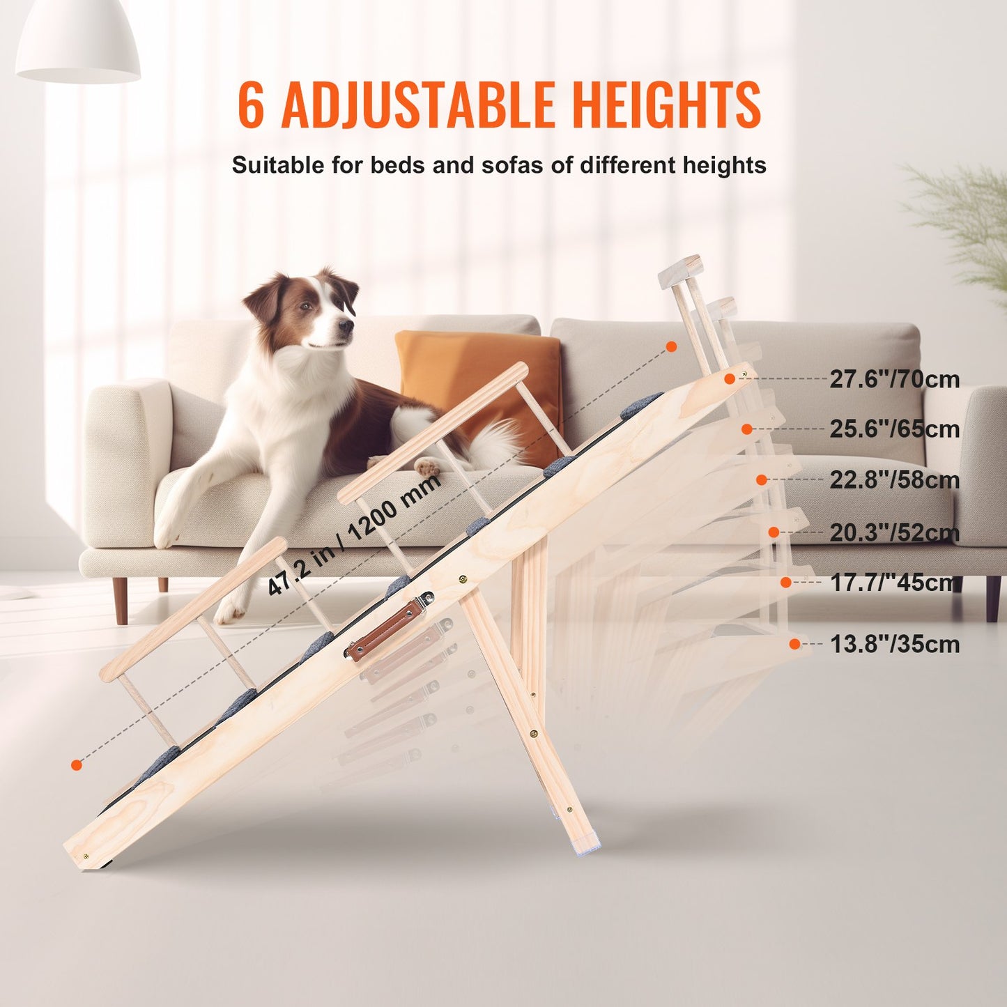 Dog Ramp, Foldable Pet Ramp for Bed, Adjustable Dog Ramp for Small, Large, Old Dogs and Cats, Wooden Pet Ramp with 47.2" Long Ramp, Adjustable from 13.8" to 27.6", Suitable for Sofa, Couch, Car