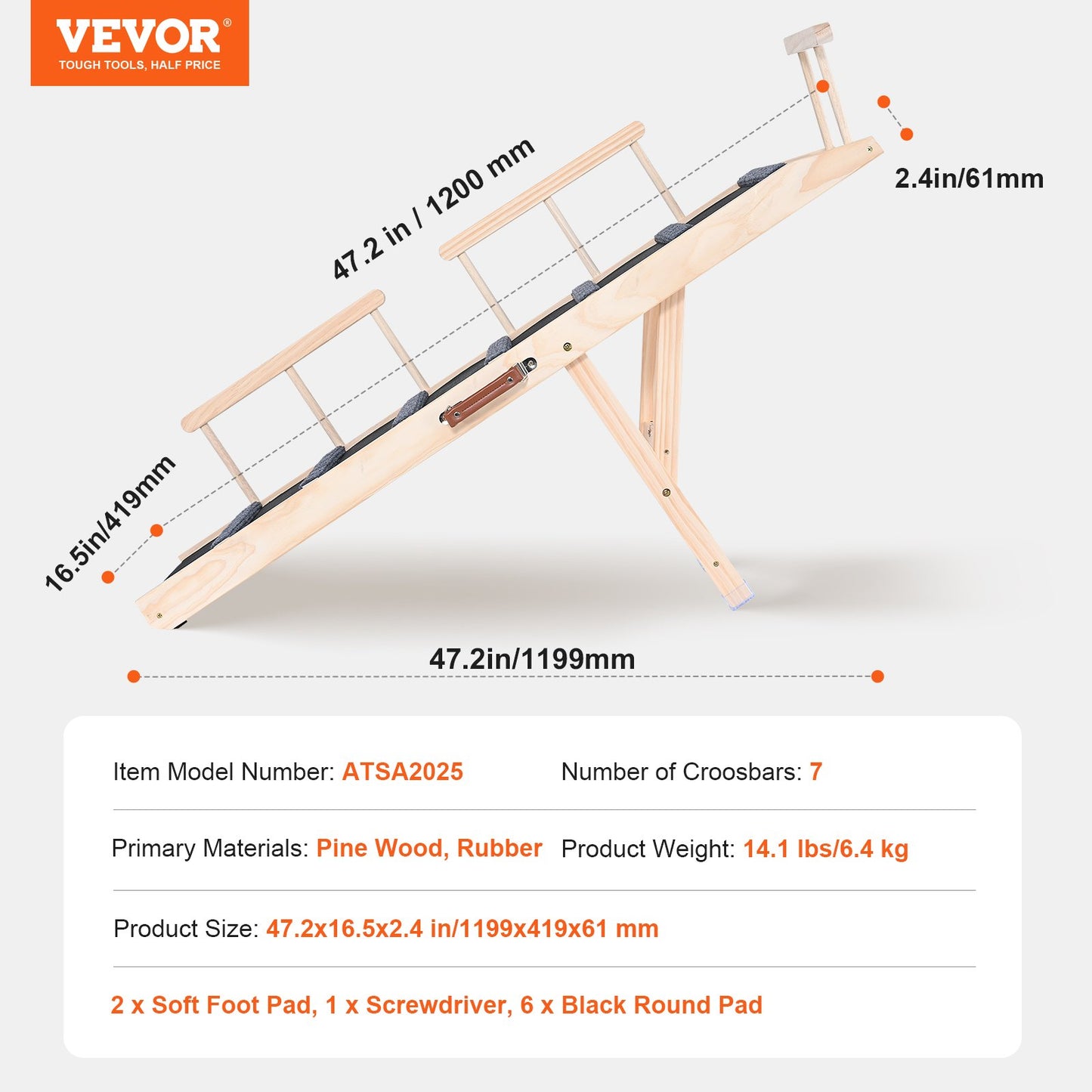 Dog Ramp, Foldable Pet Ramp for Bed, Adjustable Dog Ramp for Small, Large, Old Dogs and Cats, Wooden Pet Ramp with 47.2" Long Ramp, Adjustable from 13.8" to 27.6", Suitable for Sofa, Couch, Car
