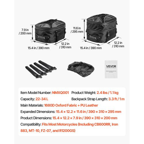 Motorcykel Baksätesväska, 22-34 L Expanderbar Motorcykel Baksätesväska med Vattentätt Regnskydd, Utomhussport Motorcykel Bagageförvaring Ryggsäck Handväska med Remmar, Ficka och Elastiskt Snöre, Svart | EU