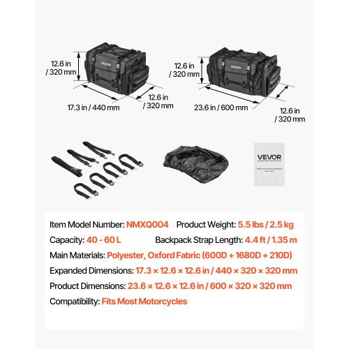 Motorcykel Baksätesväska, 40-60 L Expanderbar Motorcykel Baksätesväska med Vattentätt Regnskydd, Hopfällbar Utomhussport Motorcykel Bagageförvaring med Axelremmar, Ficka och Elastiskt Snöre, Svart | EU