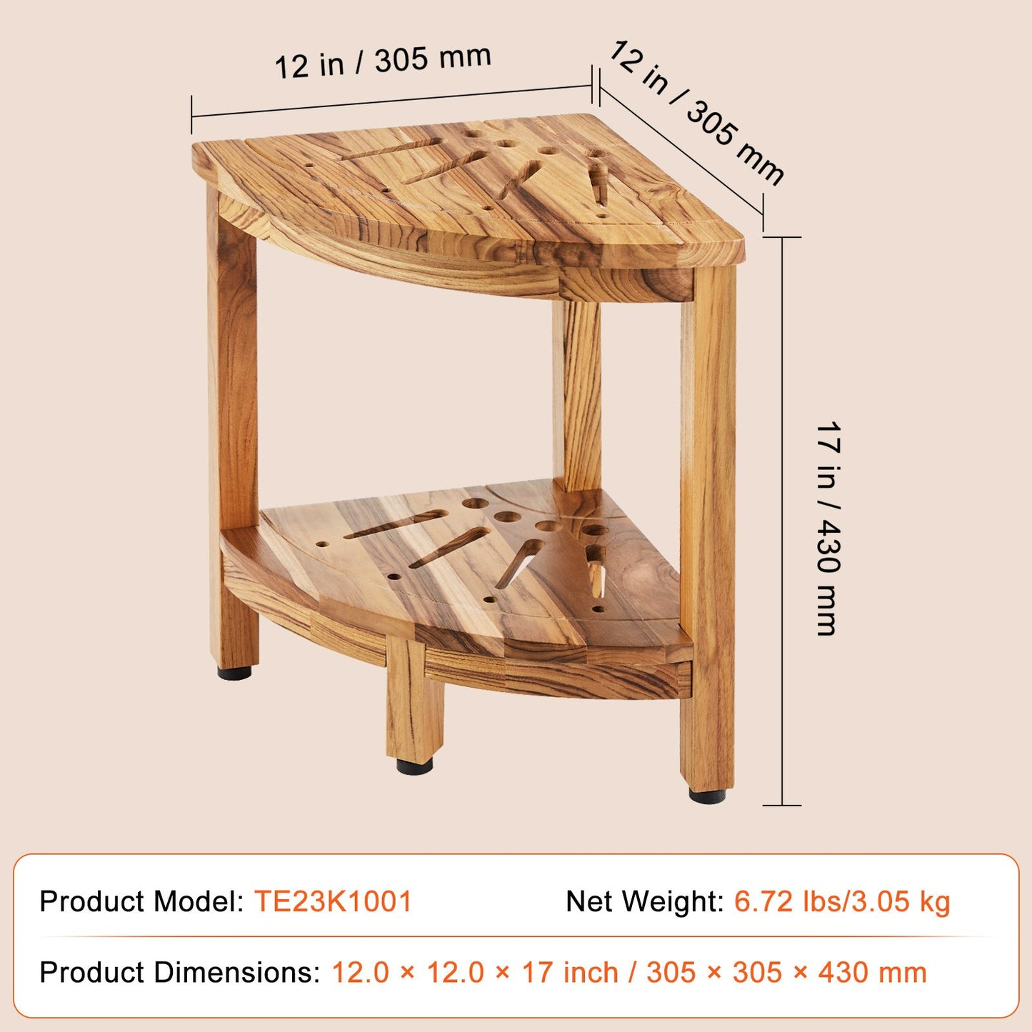Hörnduschbänk i teak, 17 tum höjd 12 tum radie, 100 % teak hörnduschstrand, mögelbeständig, 300 LBS med förvaringshylla, duschpall för inne- och utedusch, för badrum