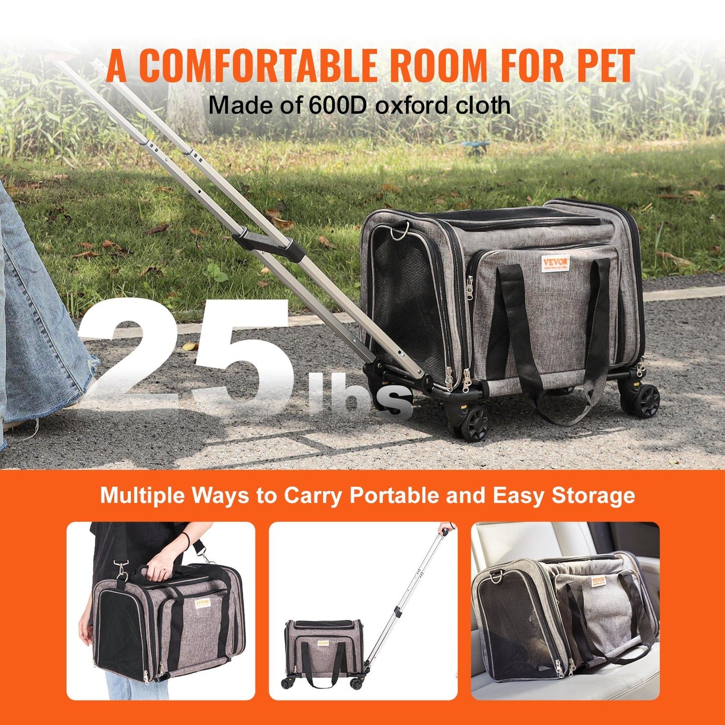 Katzentransportbox mit Rädern, von Fluggesellschaften zugelassene rollende Haustiertransportbox mit Teleskopgriff und Schultergurt, Hundetransportbox mit Rädern für Haustiere unter 25 Pfund, mit 1 zusammenklappbaren Napf, Grau