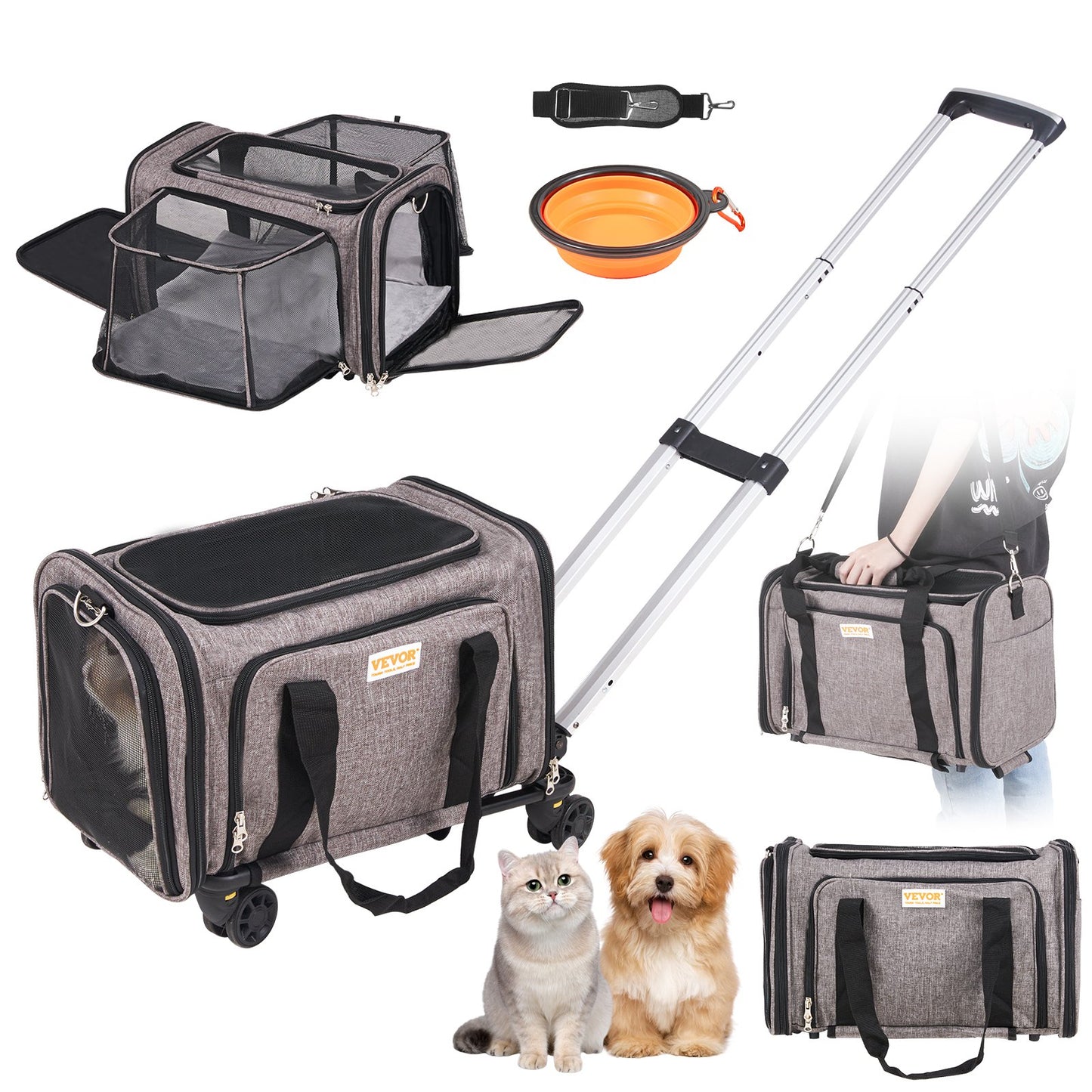 Katzentransportbox mit Rädern, von Fluggesellschaften zugelassene rollende Haustiertransportbox mit Teleskopgriff und Schultergurt, Hundetransportbox mit Rädern für Haustiere unter 25 Pfund, mit 1 zusammenklappbaren Napf, Grau