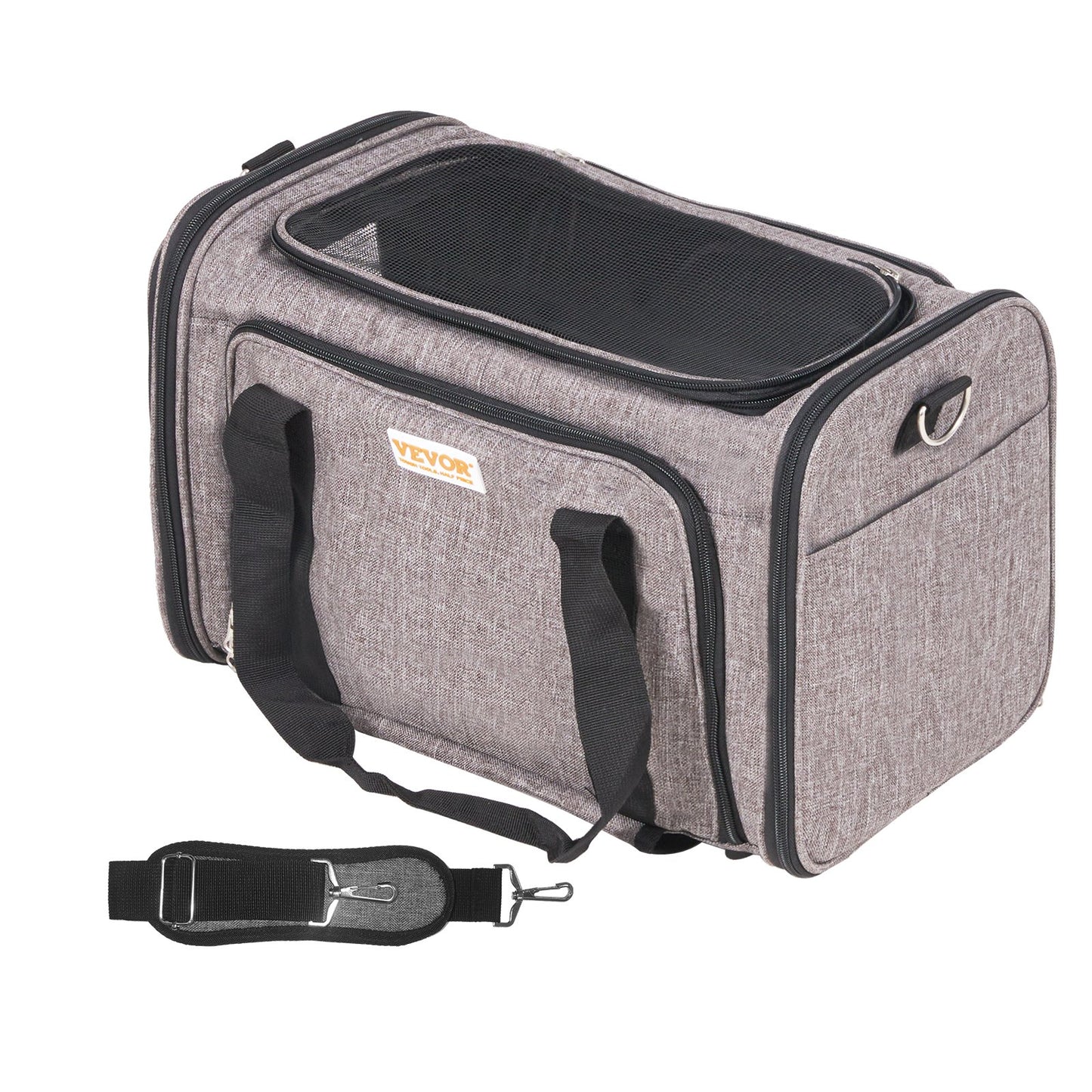 Katzentransportbox mit Rädern, von Fluggesellschaften zugelassene rollende Haustiertransportbox mit Teleskopgriff und Schultergurt, Hundetransportbox mit Rädern für Haustiere unter 25 Pfund, mit 1 zusammenklappbaren Napf, Grau