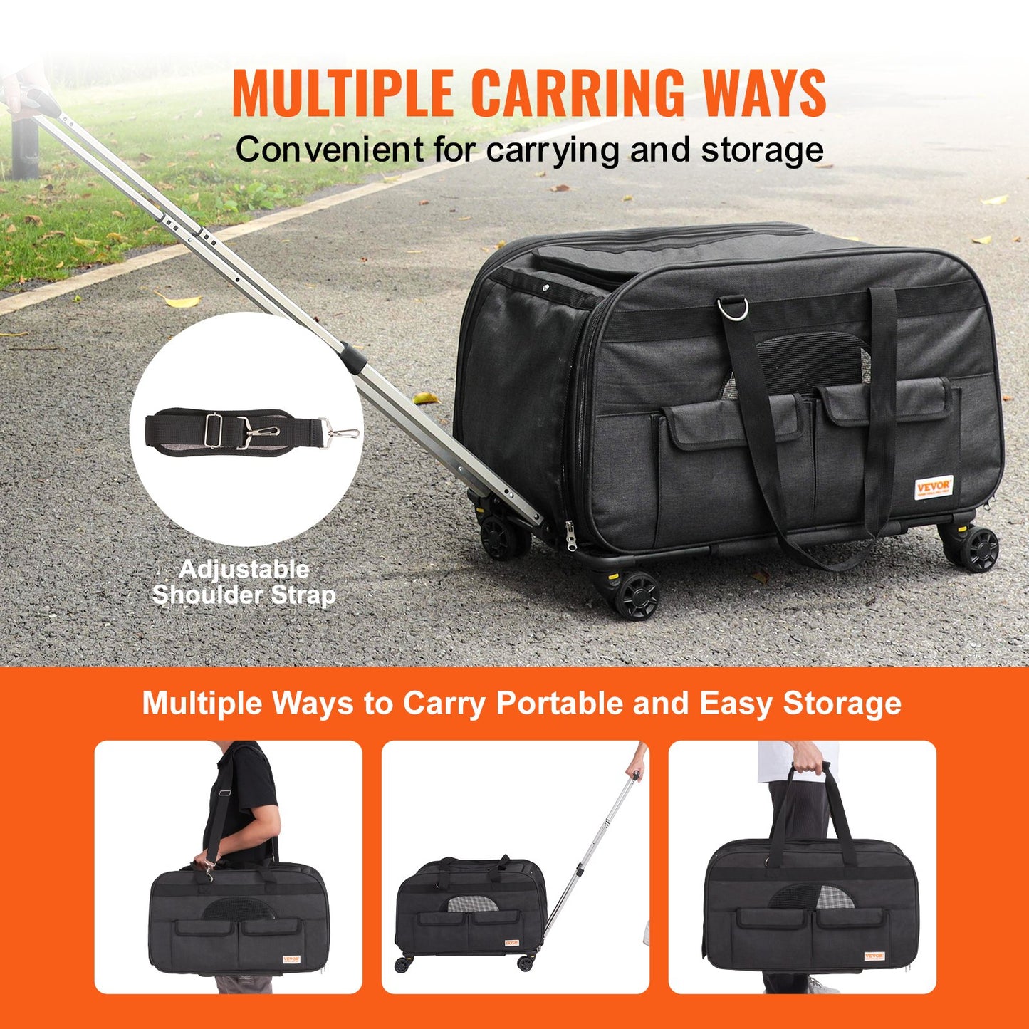 Cat Carrier with Wheels, Rolling Pet Carrier with Telescopic Handle and Shoulder Strap, Dog Carrier with Wheels for Pets Under 35 lbs, with 1 Collapsible Bowl, Black