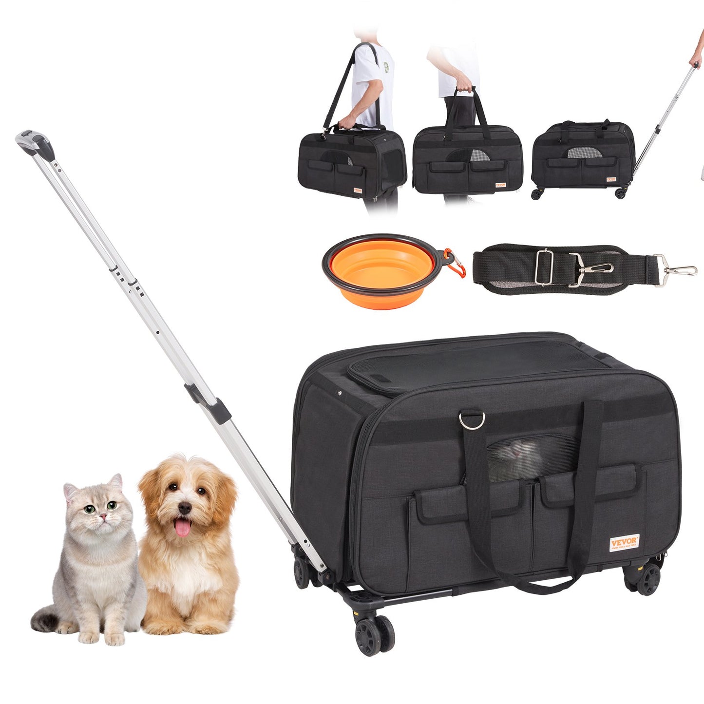 Cat Carrier with Wheels, Rolling Pet Carrier with Telescopic Handle and Shoulder Strap, Dog Carrier with Wheels for Pets Under 35 lbs, with 1 Collapsible Bowl, Black