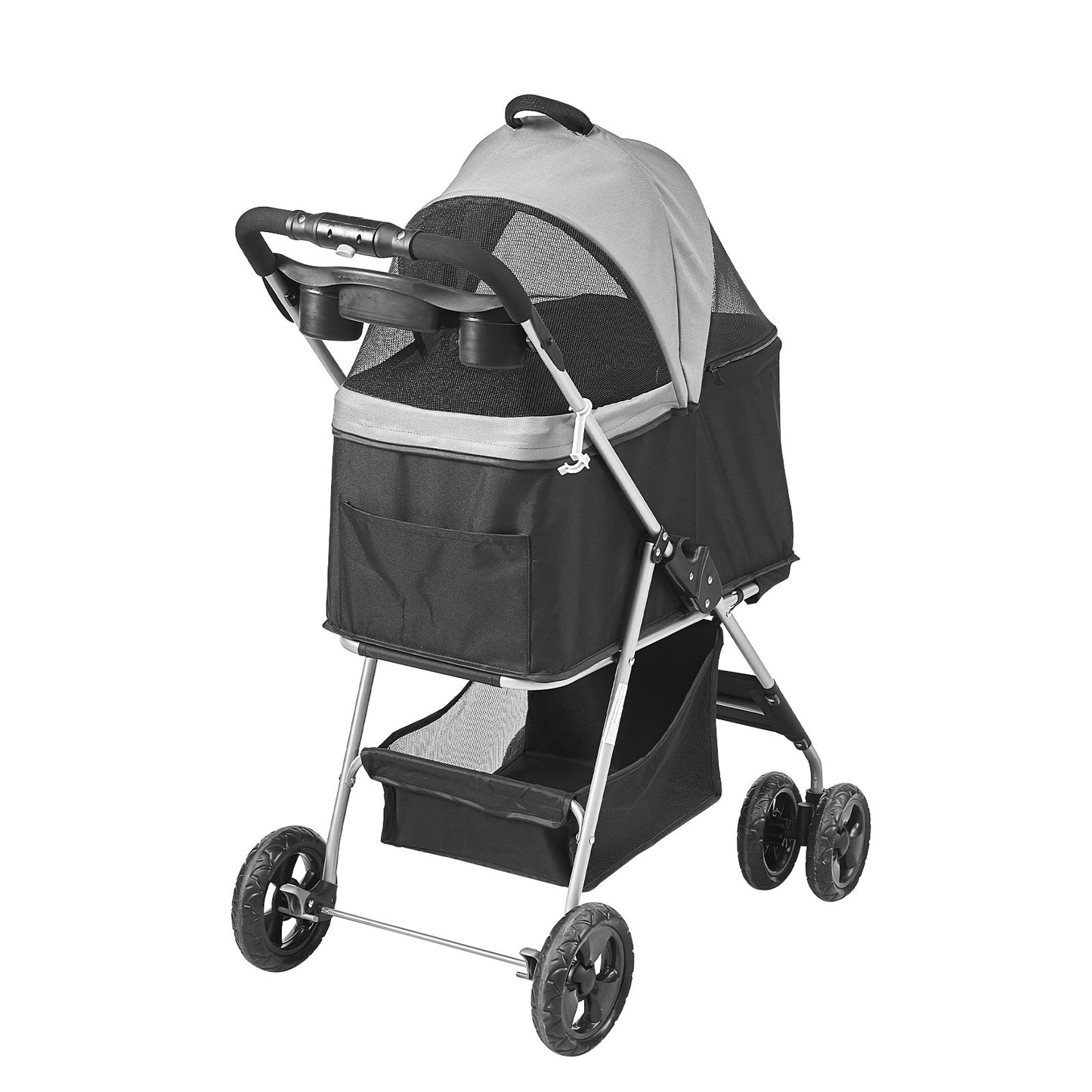 Husdjursvagn, 4-hjuls hundvagn rotera med bromsar, 35lbs viktkapacitet, valpvagn med avtagbar bärare, förvaringskorg och mugghållare, för hundar och katter resor, svart+mörkgrå