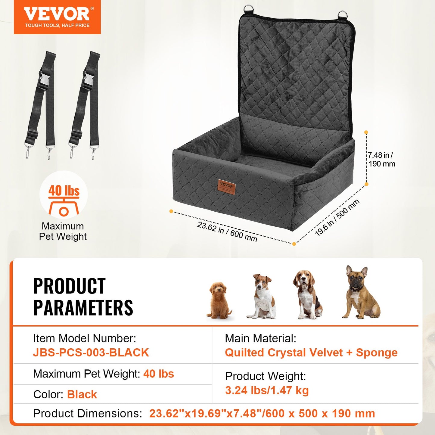 Dog Booster Autositz, Haustier-Autositz für kleine und mittelgroße Hunde bis zu 40 lbs, Schwarz