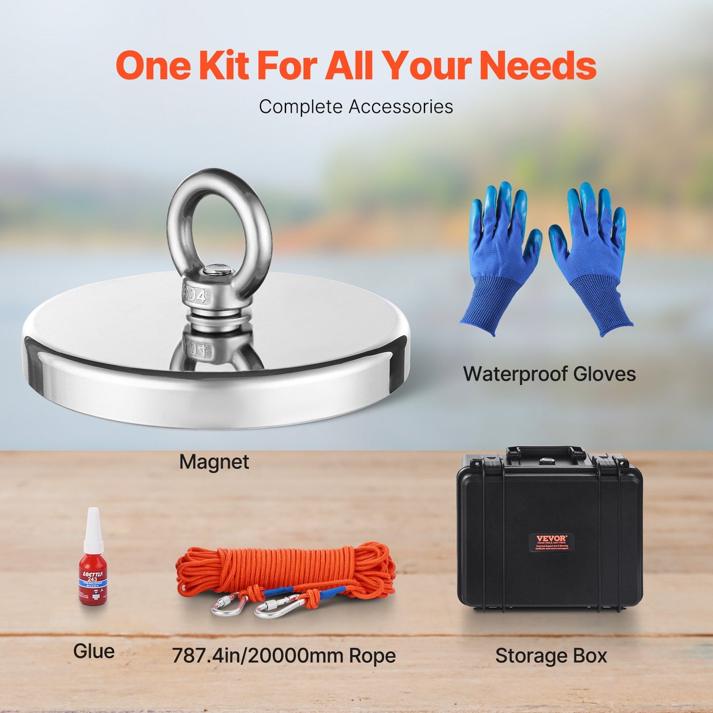 2000 LBS Strong Fishing Magnet Kit Single Sided Traction Rope Carabiner